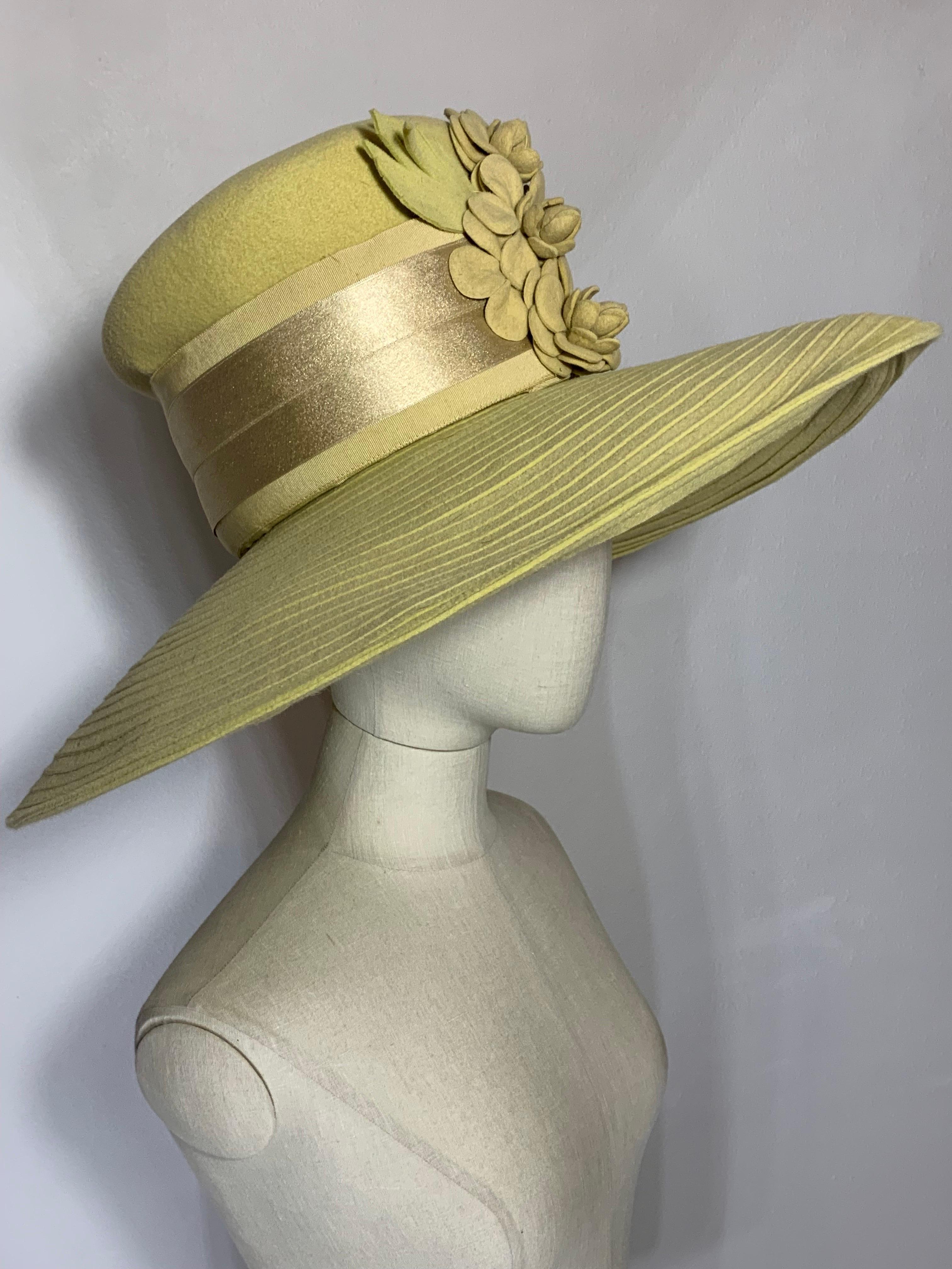 Maison Michel Citrine Wool Felt Large-Brim Hat w Camellias & Ribbon Band  For Sale 6