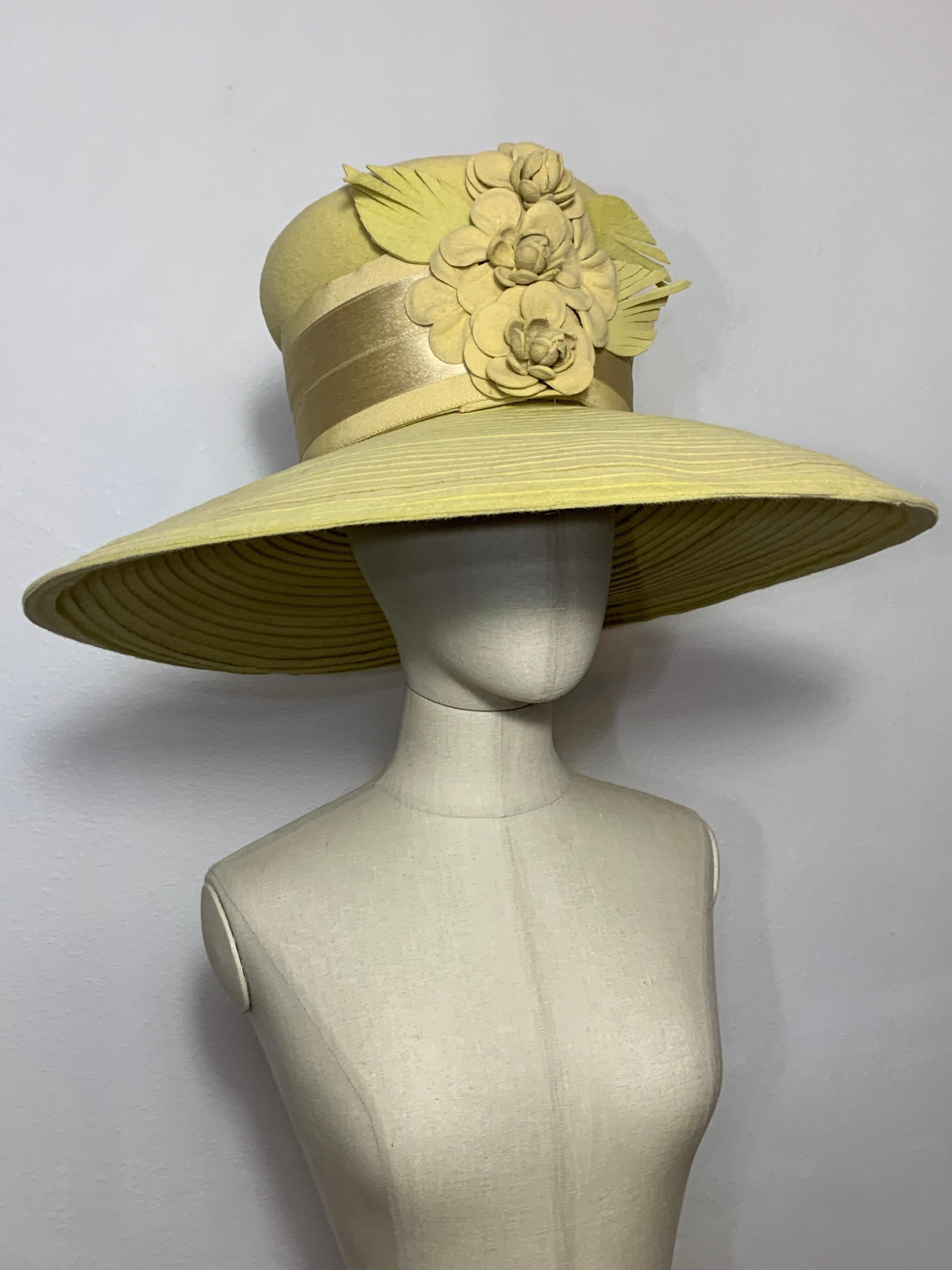 Maison Michel Citrine Wool Felt Large-Brim Hat w Camellias & Ribbon Band  For Sale 7