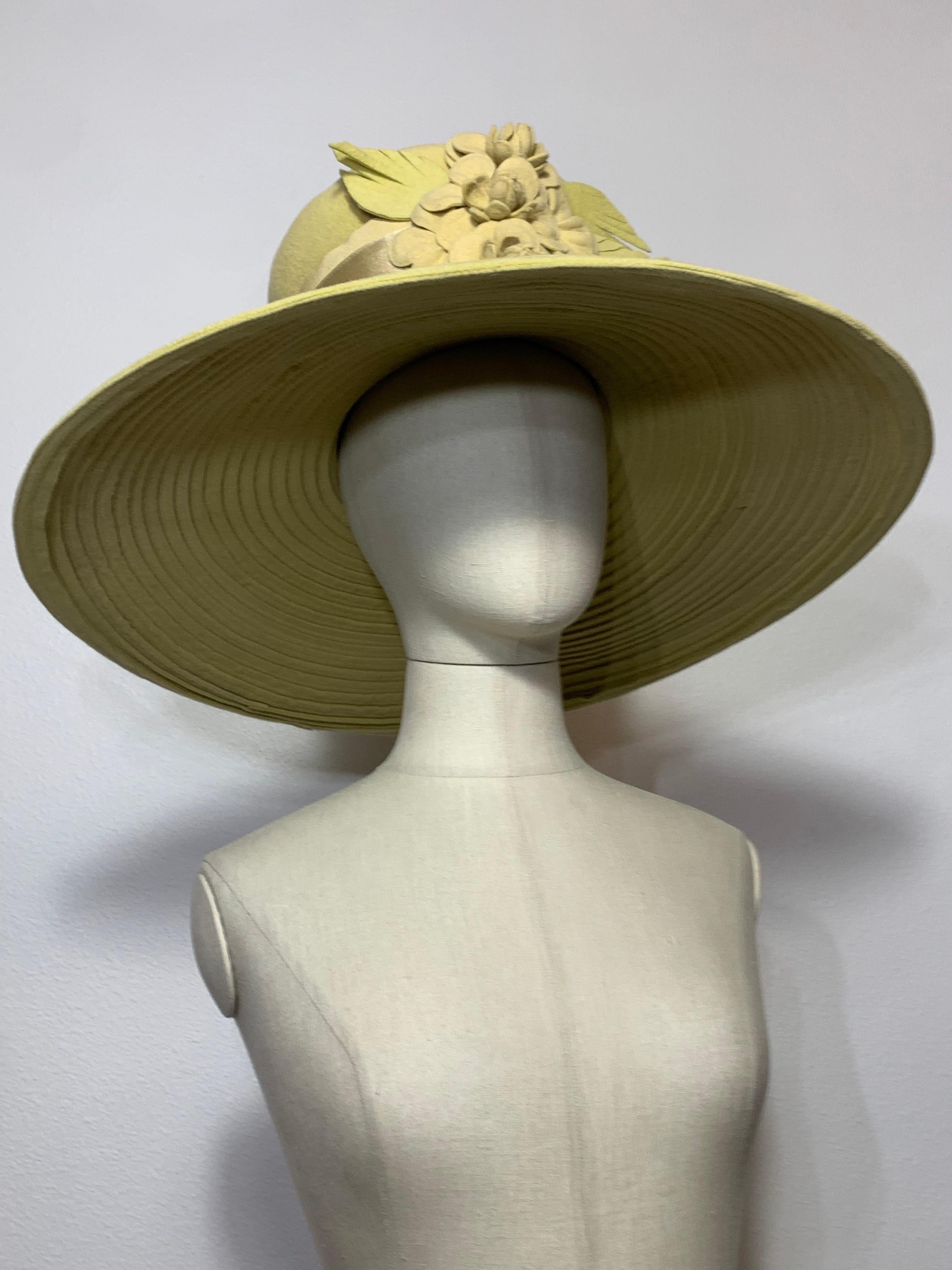 Maison Michel Citrine Wool Felt Large-Brim Hat w Camellias & Ribbon Band  For Sale 8