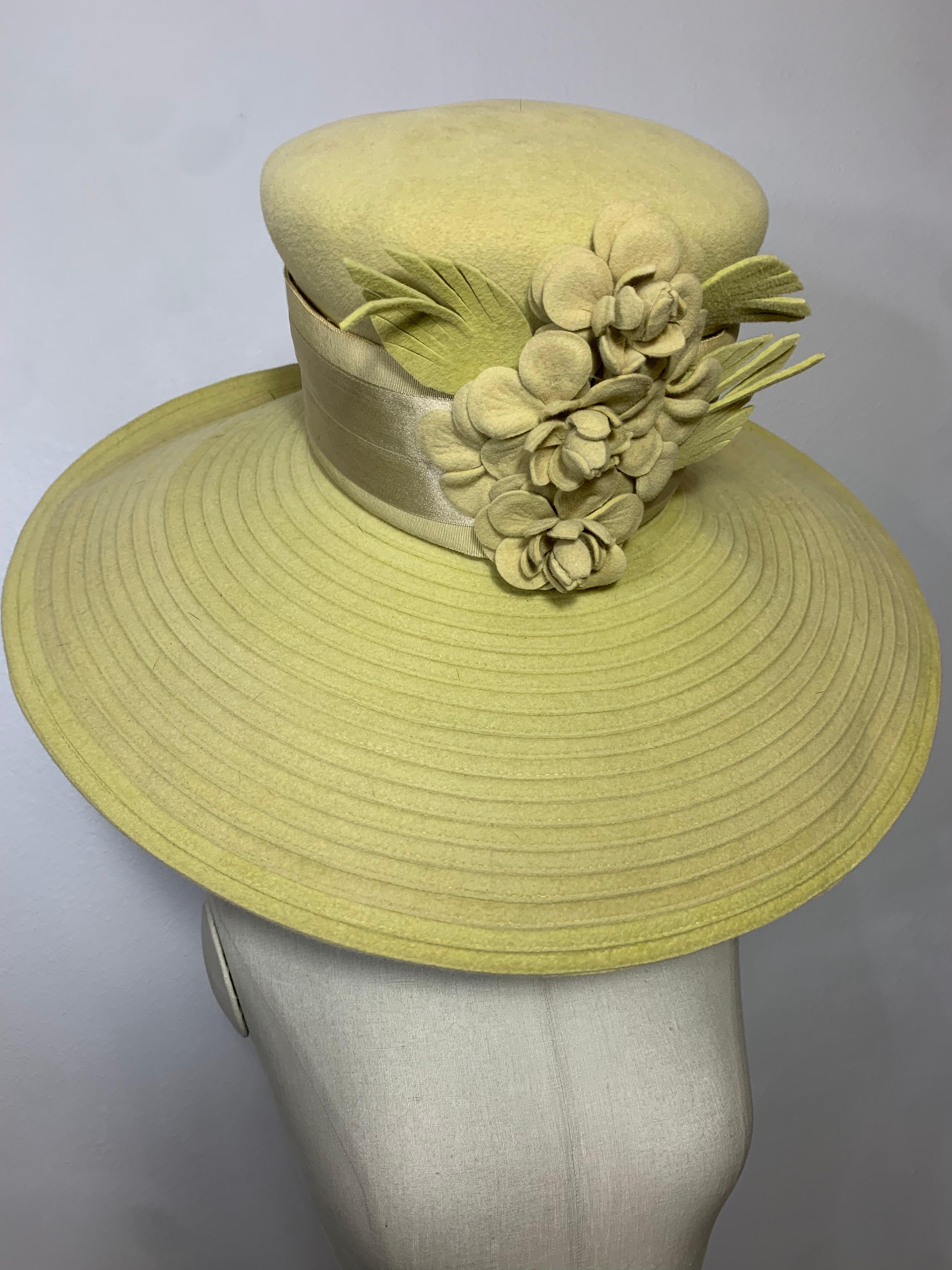 Maison Michel Citrine Wool Felt Large-Brim Hat w Camellias & Ribbon Band  For Sale 9