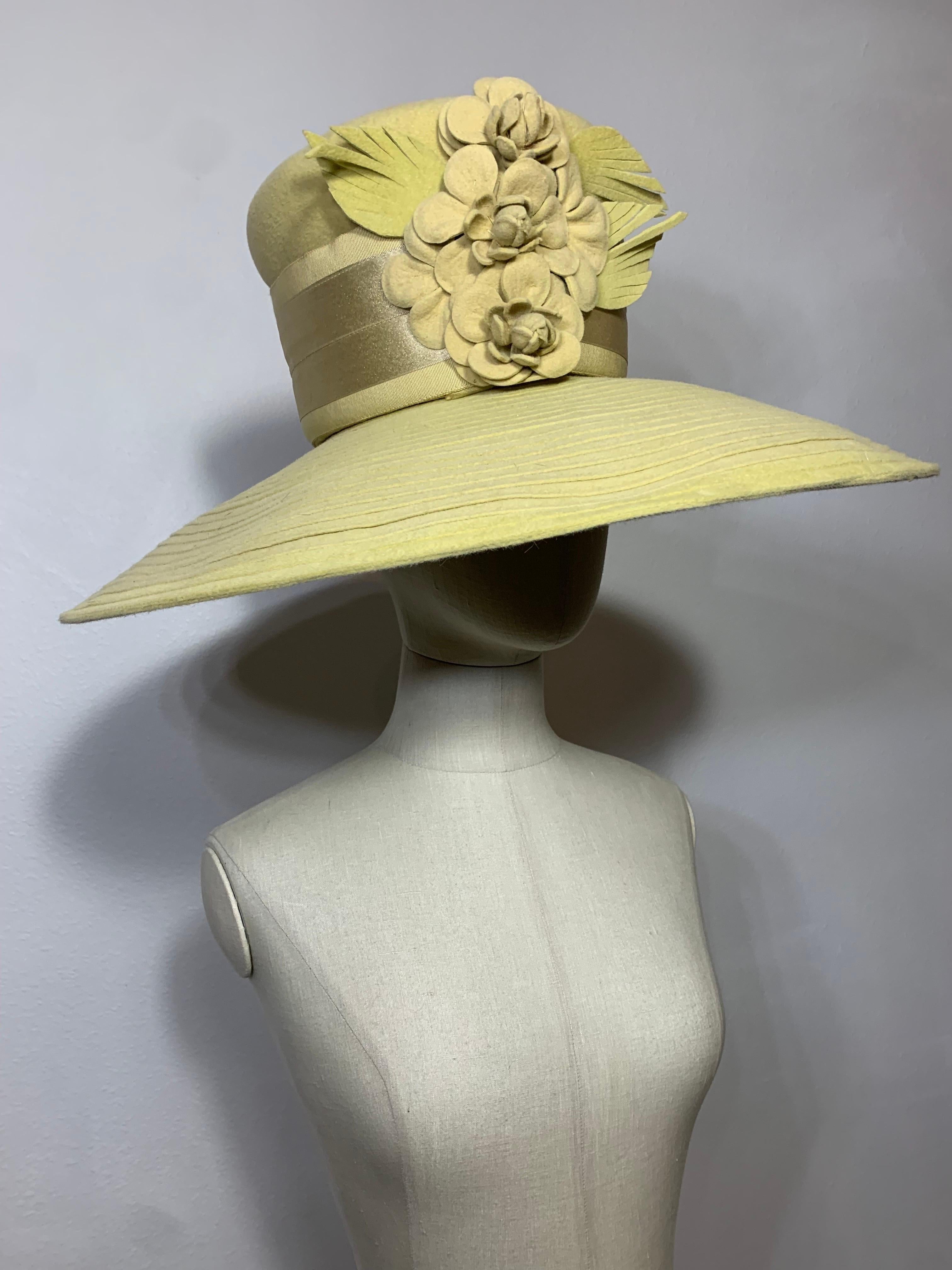 Maison Michel Citrine Wool Felt Large-Brim Hat w Camellias & Ribbon Band  For Sale 11