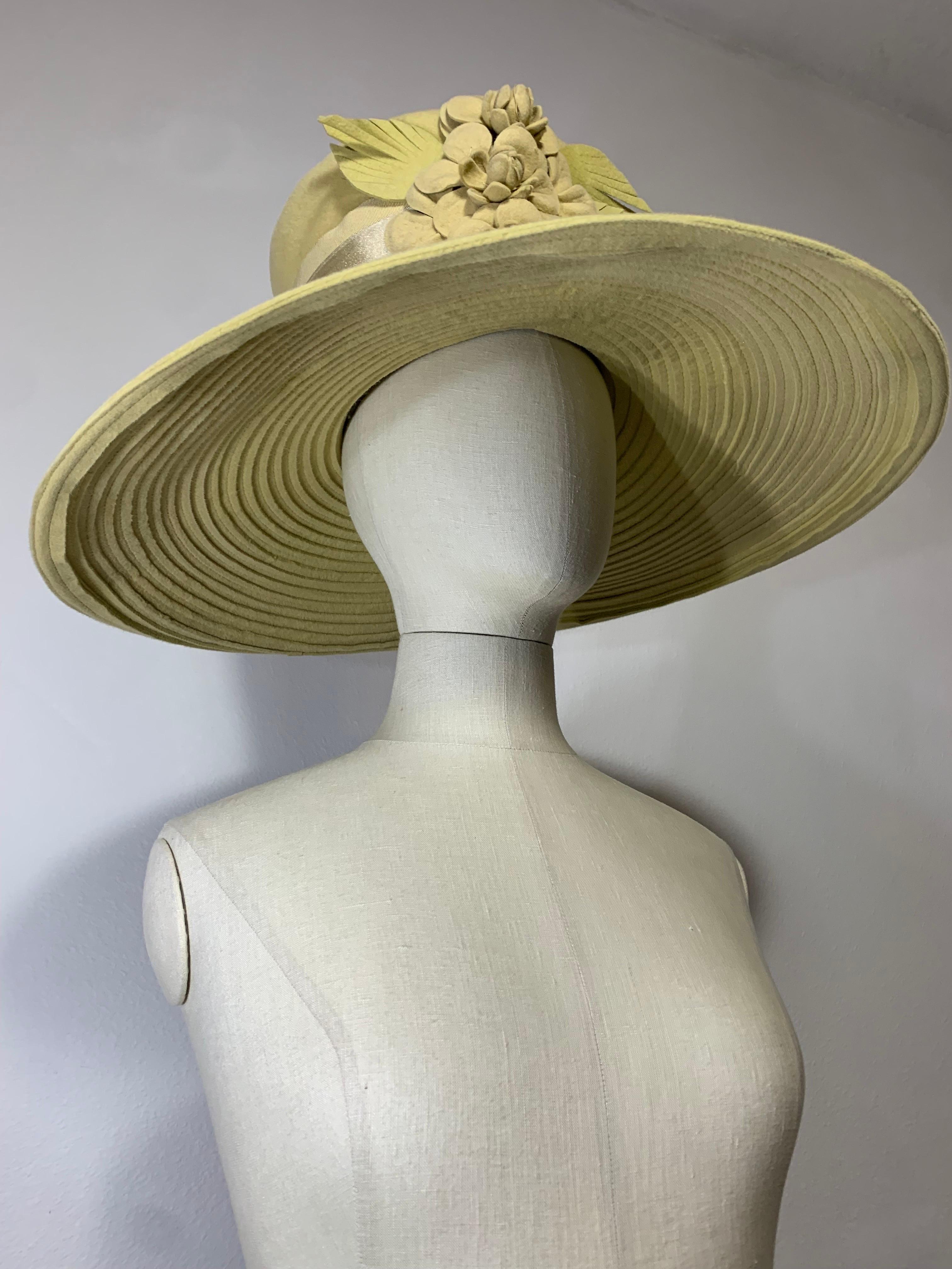 Maison Michel Citrine Wool Felt Large-Brim Hat w Camellias & Ribbon Band  For Sale 12
