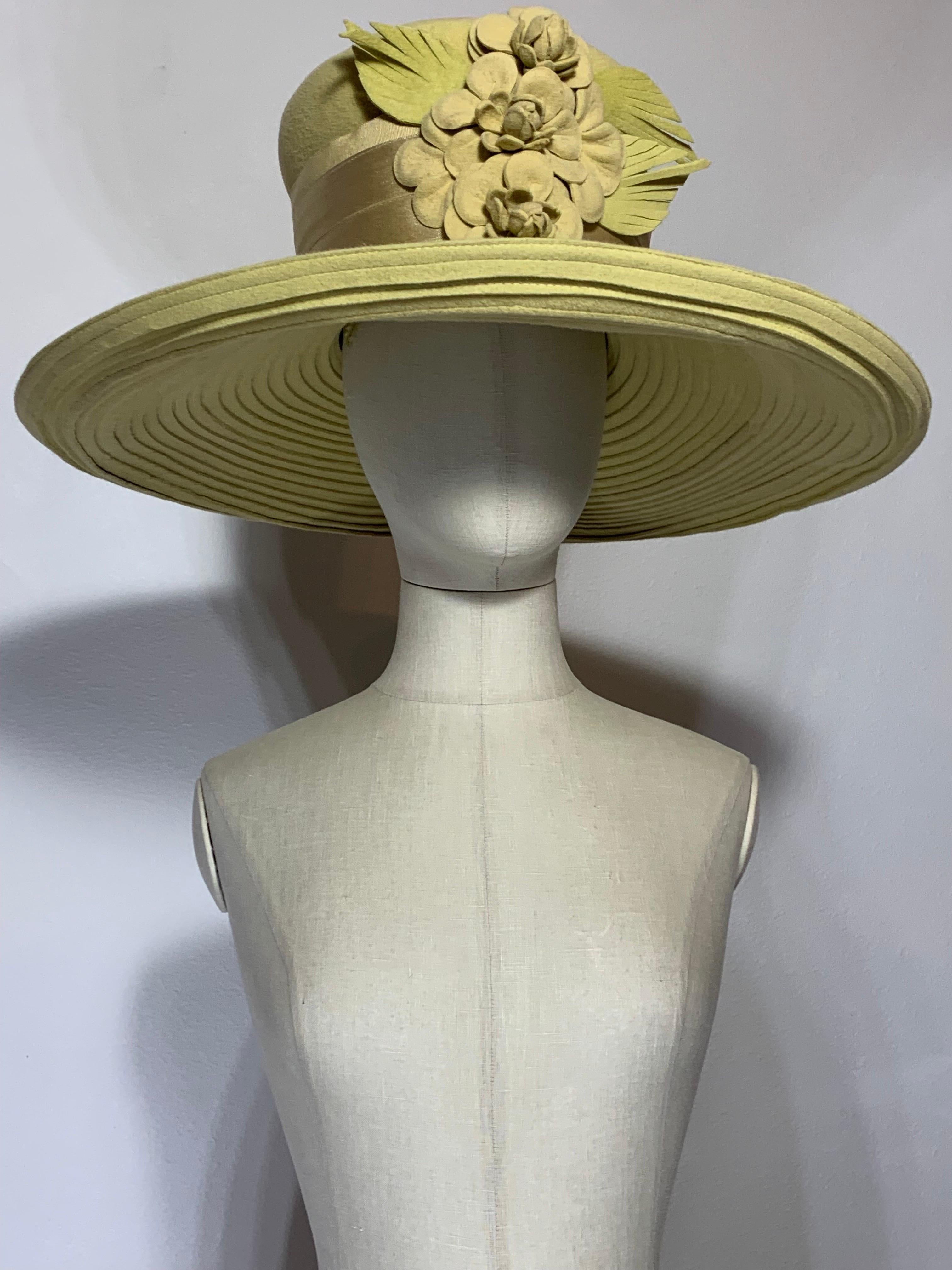 Maison Michel Citrine Wool Felt Large-Brim Hat w Camellias & Ribbon Band  In Excellent Condition For Sale In Gresham, OR