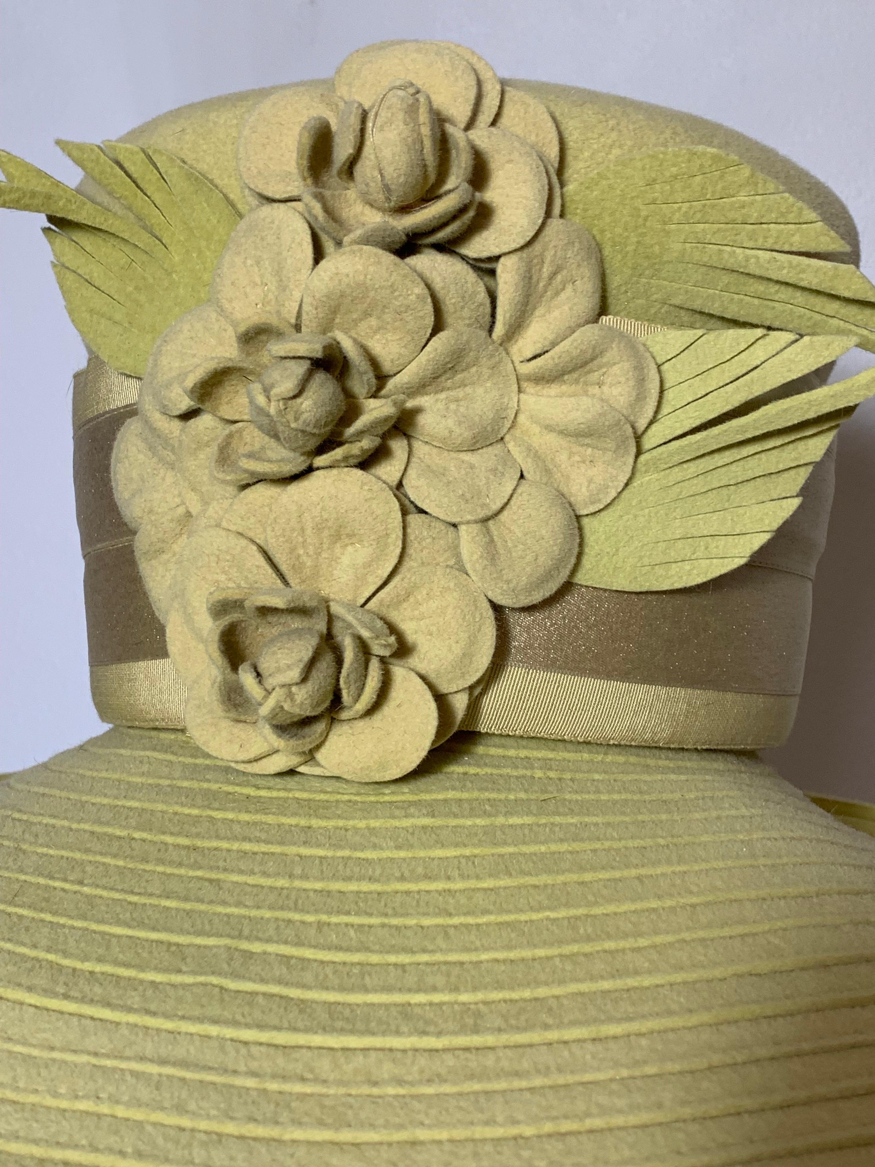 Maison Michel Citrine Wool Felt Large-Brim Hat w Camellias & Ribbon Band  For Sale 1