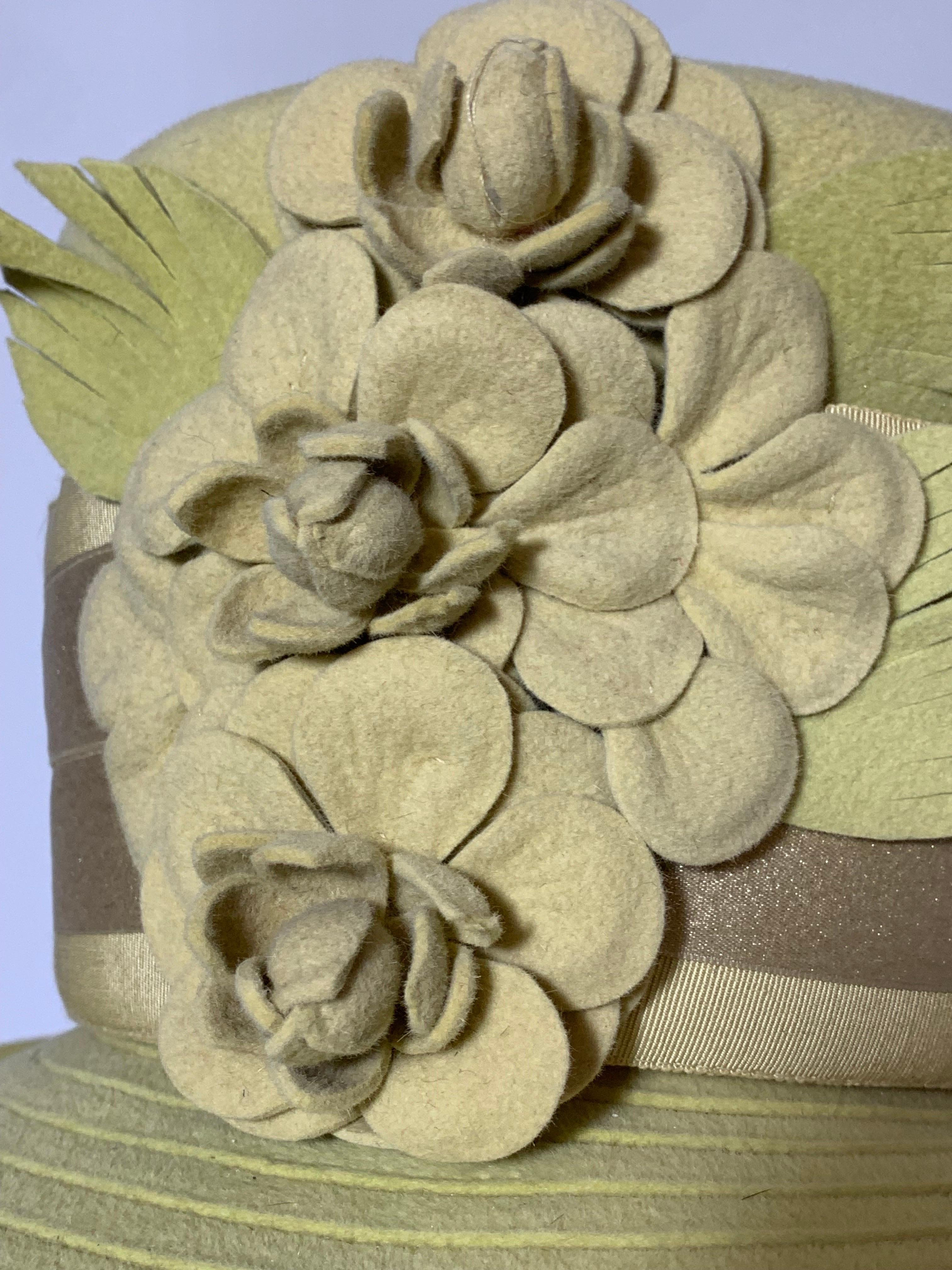 Maison Michel Citrine Wool Felt Large-Brim Hat w Camellias & Ribbon Band  For Sale 2