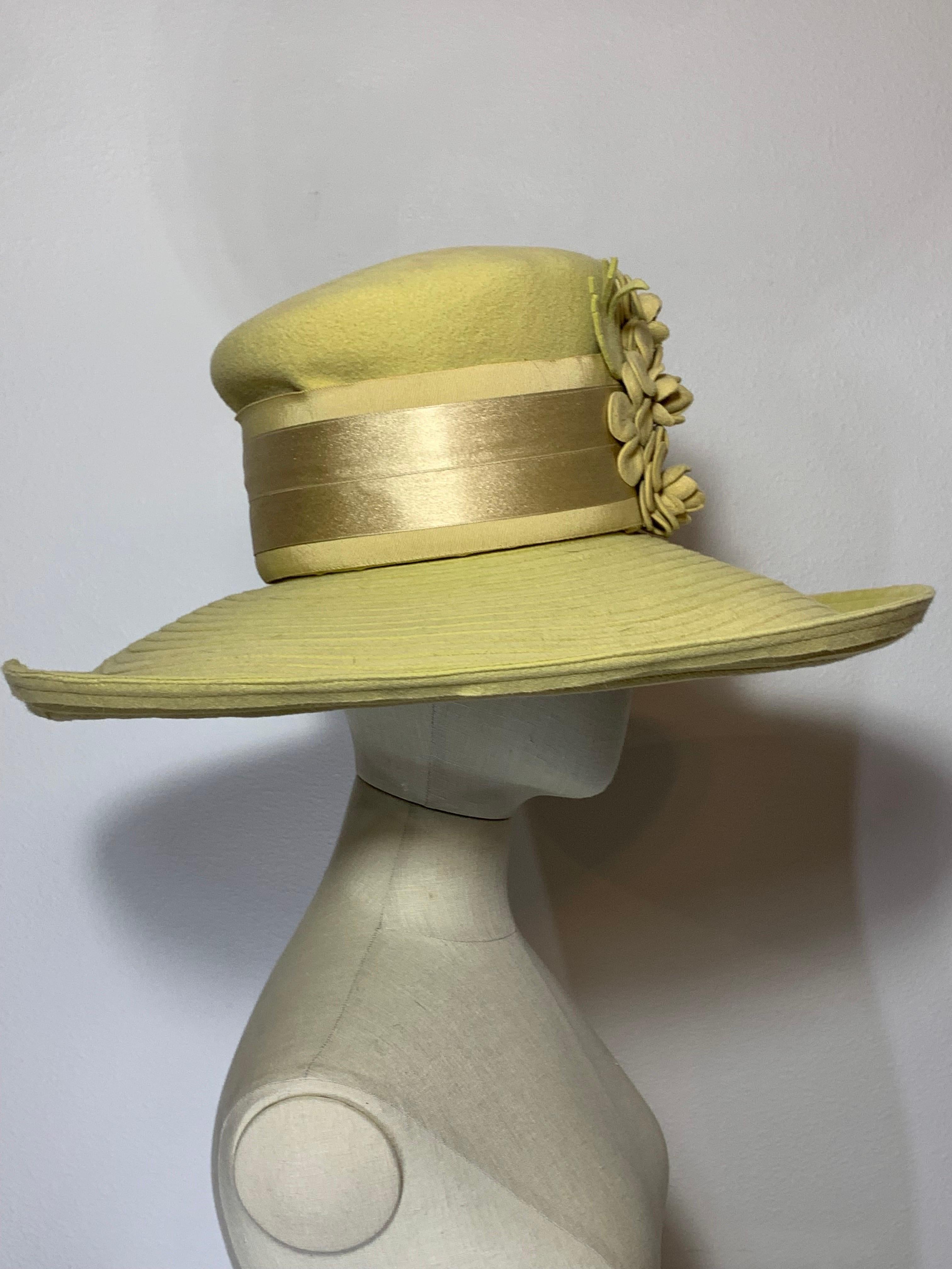 Maison Michel Citrine Wool Felt Large-Brim Hat w Camellias & Ribbon Band  For Sale 3