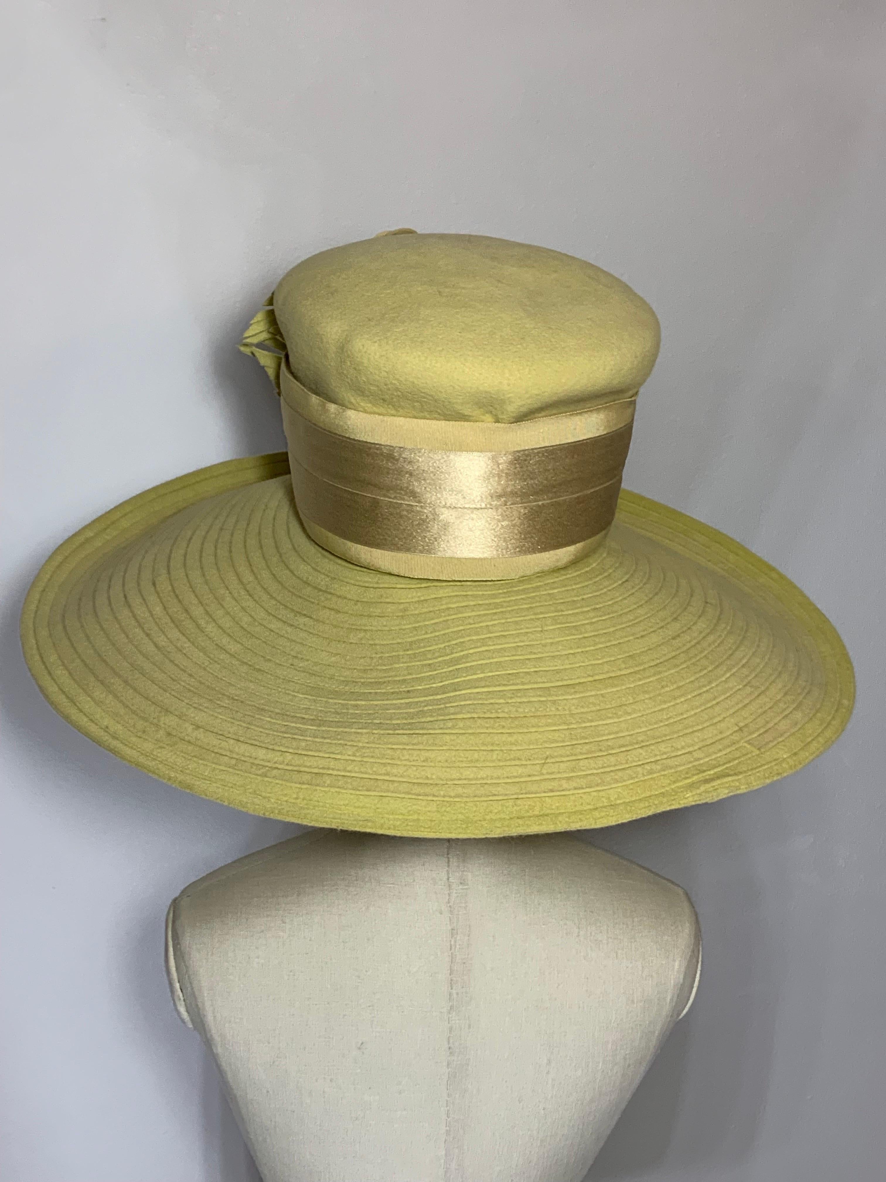Maison Michel Citrine Wool Felt Large-Brim Hat w Camellias & Ribbon Band  For Sale 4