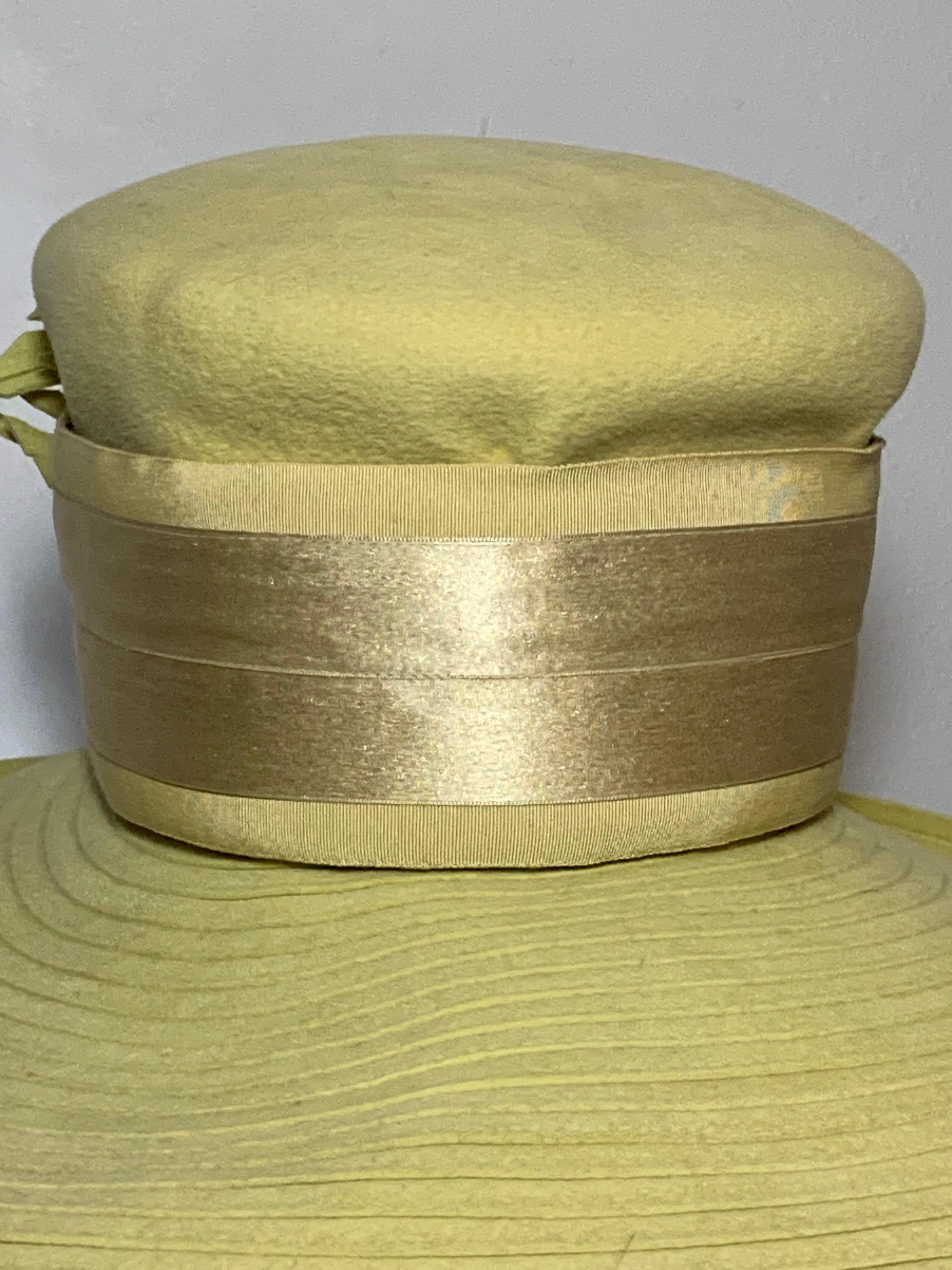 Maison Michel Citrine Wool Felt Large-Brim Hat w Camellias & Ribbon Band  For Sale 5