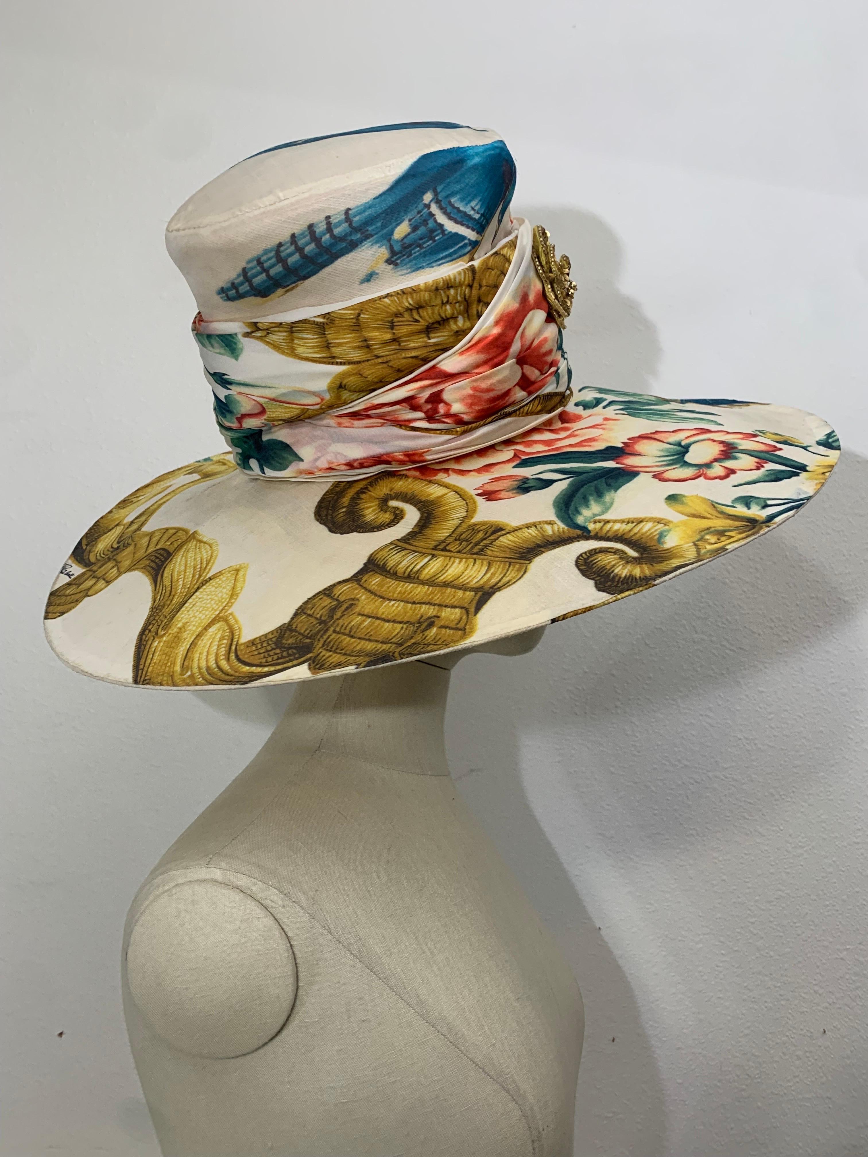 Maison Michel Maßgefertigter riesiger Sommerhut mit Blumendruck aus Roberto Cavalli-Stoff (Braun) im Angebot