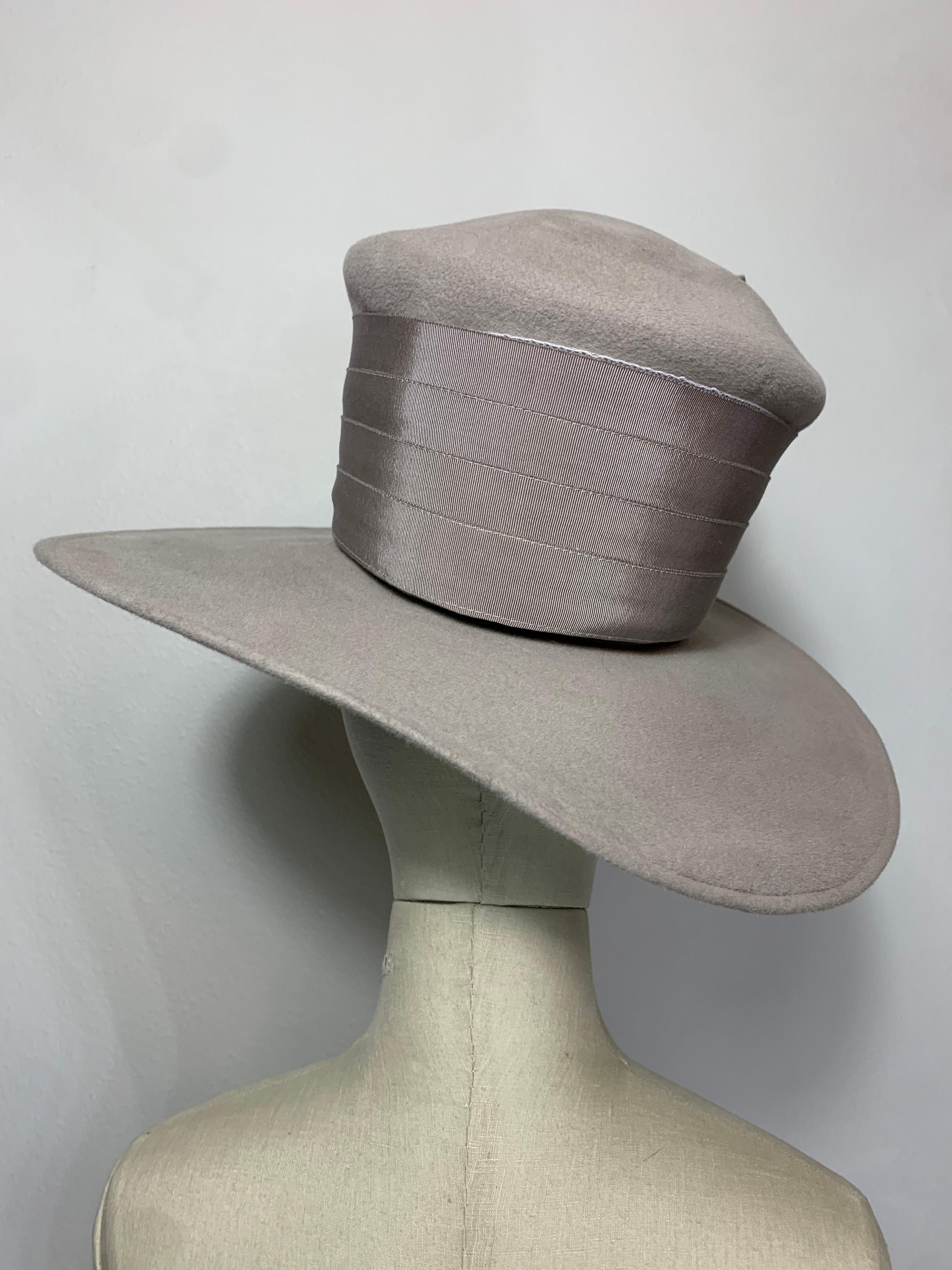 Women's or Men's Maison Michel Dove Grey Felt High Top Hat w Matching Flower and Grosgrain Band For Sale
