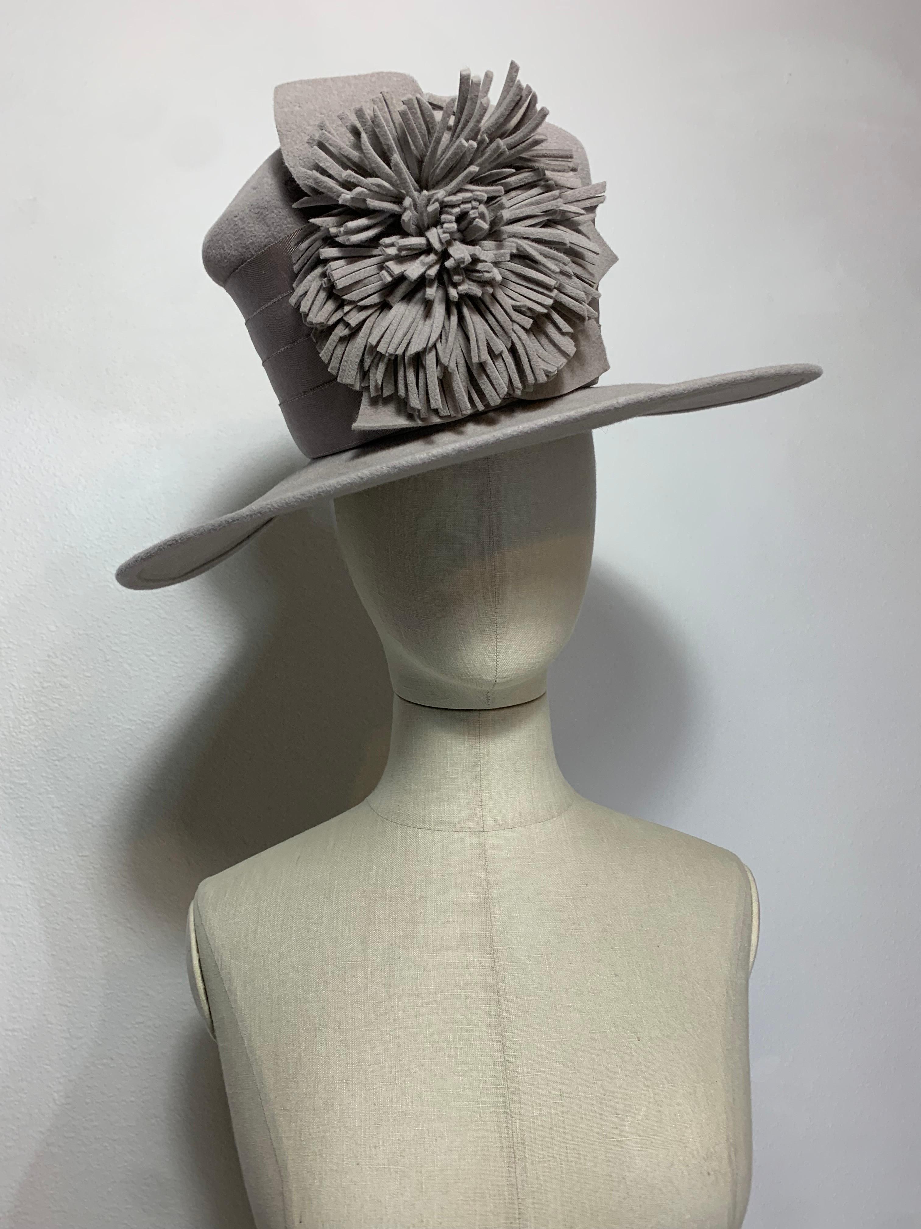 Maison Michel Dove Grey Felt High Top Hat w Matching Flower and Grosgrain Band For Sale 5