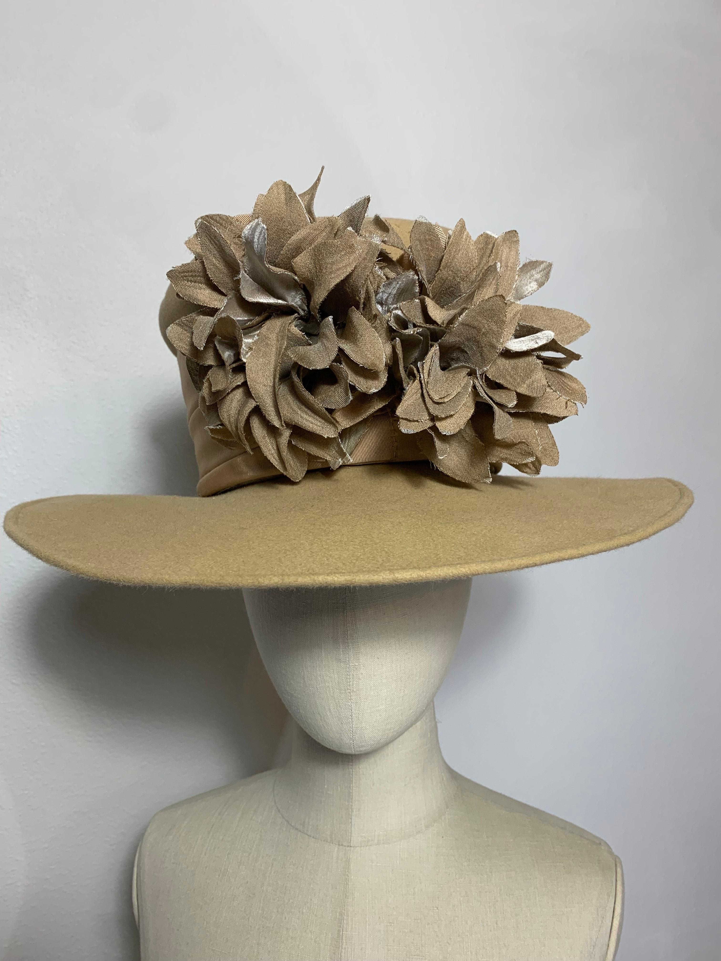 Maison Michel Autumn/Winter Medium Brim Fawn Felt  Beautifully Blocked High Top Hat with Matching Flowers and Wide Grosgrain Band: Unlabeled, with attached combs for securing. Size 7 Medium. Made in France. 

Please visit our 1stDibs Store for many