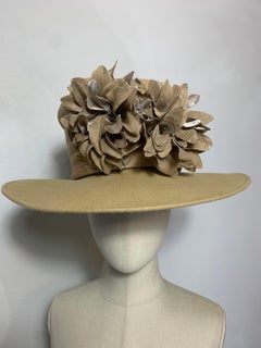Maison Michel Fawn Wool Felt High Top Hat w Matching Flower & Wide Grosgrain