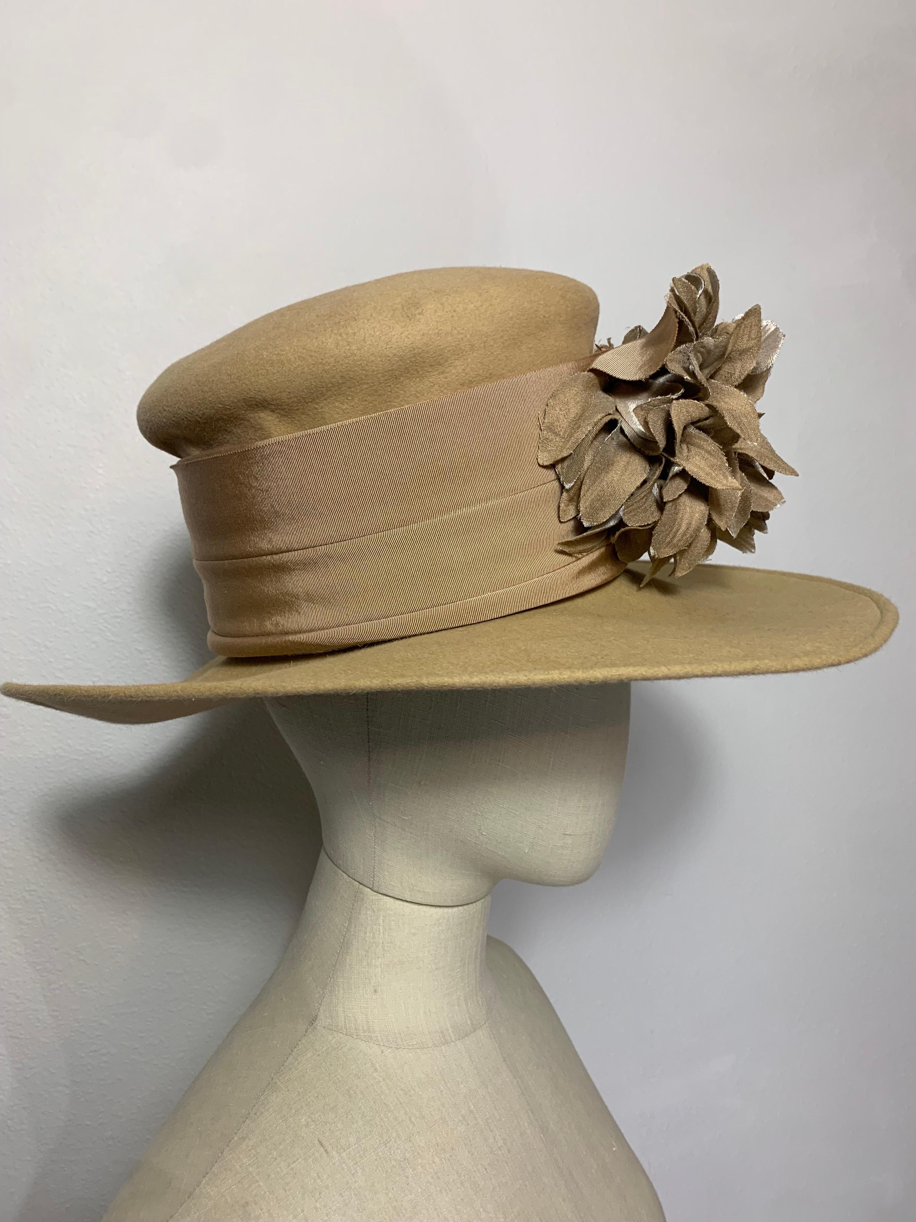 Women's or Men's Maison Michel Fawn Wool Felt High Top Hat w Matching Flower & Wide Grosgrain For Sale