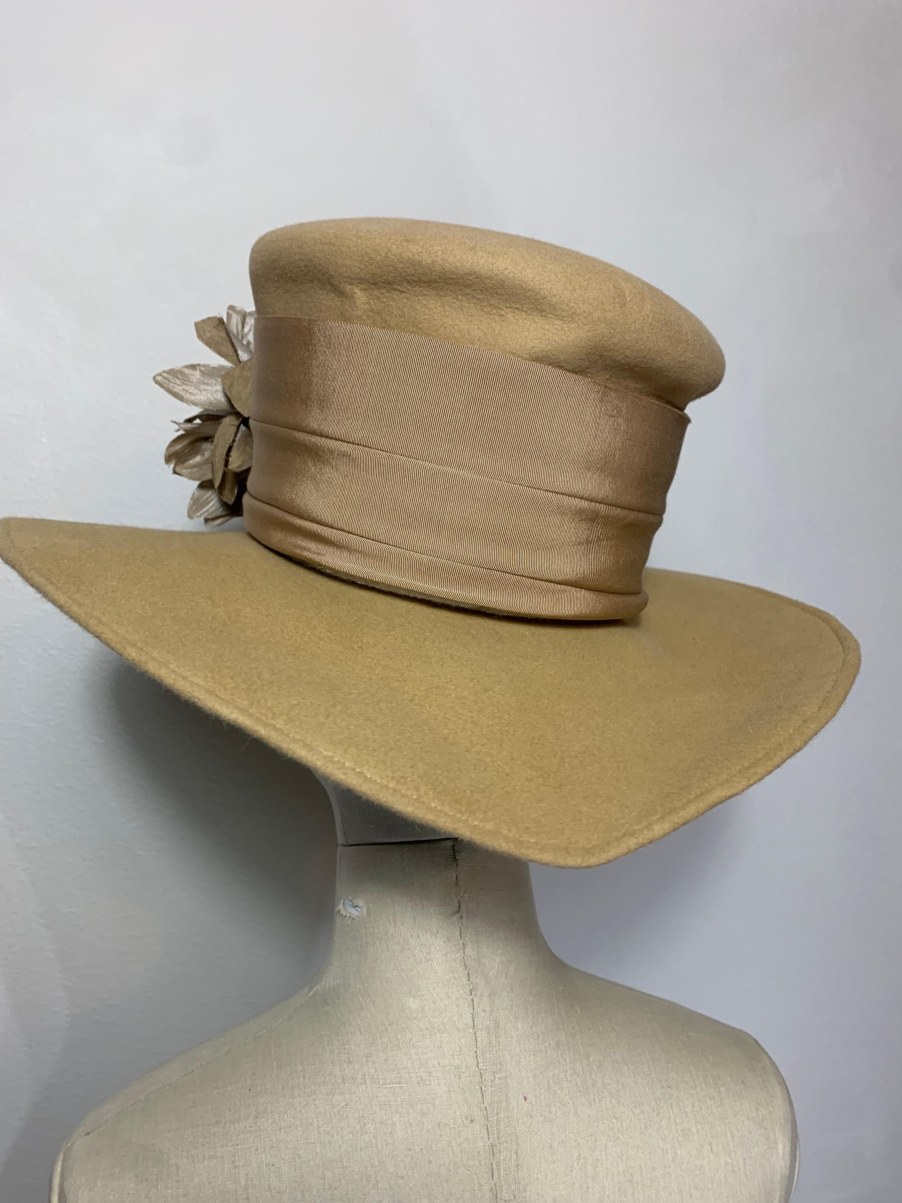 Maison Michel Fawn Wool Felt High Top Hat w Matching Flower & Wide Grosgrain For Sale 1