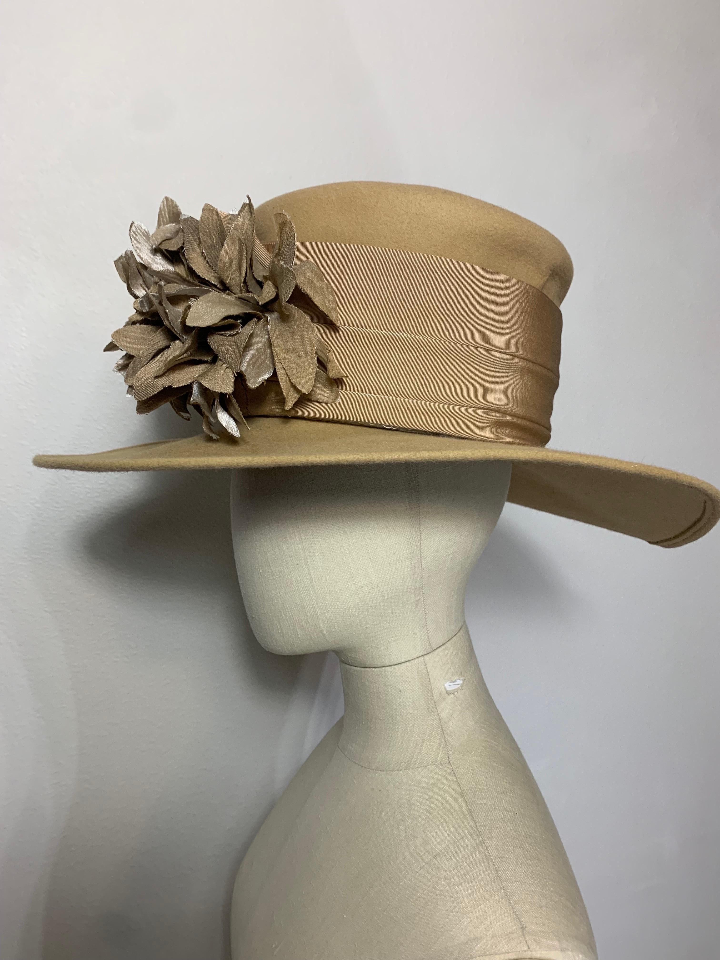 Maison Michel Fawn Wool Felt High Top Hat w Matching Flower & Wide Grosgrain For Sale 2