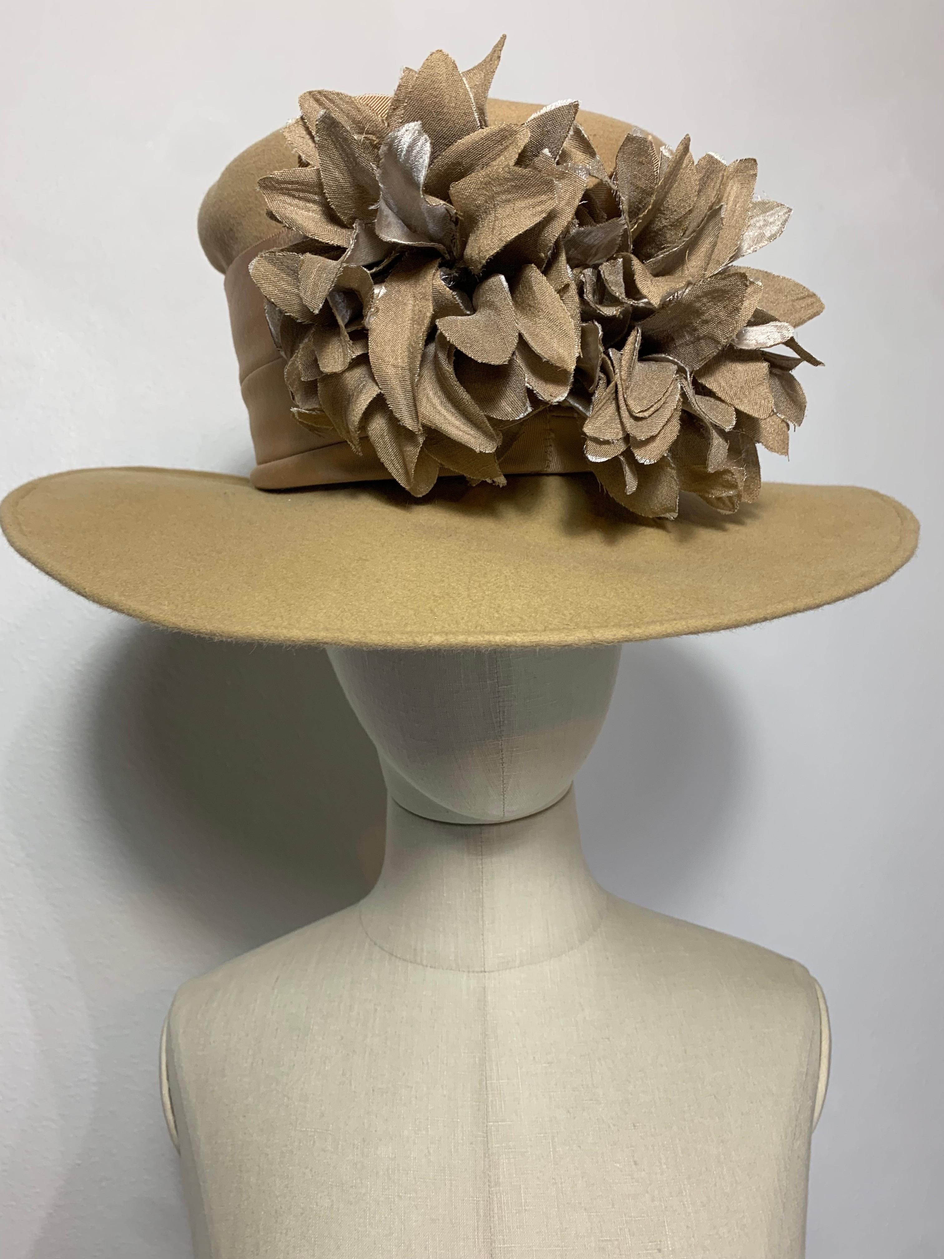 Maison Michel Fawn Wool Felt High Top Hat w Matching Flower & Wide Grosgrain For Sale 3