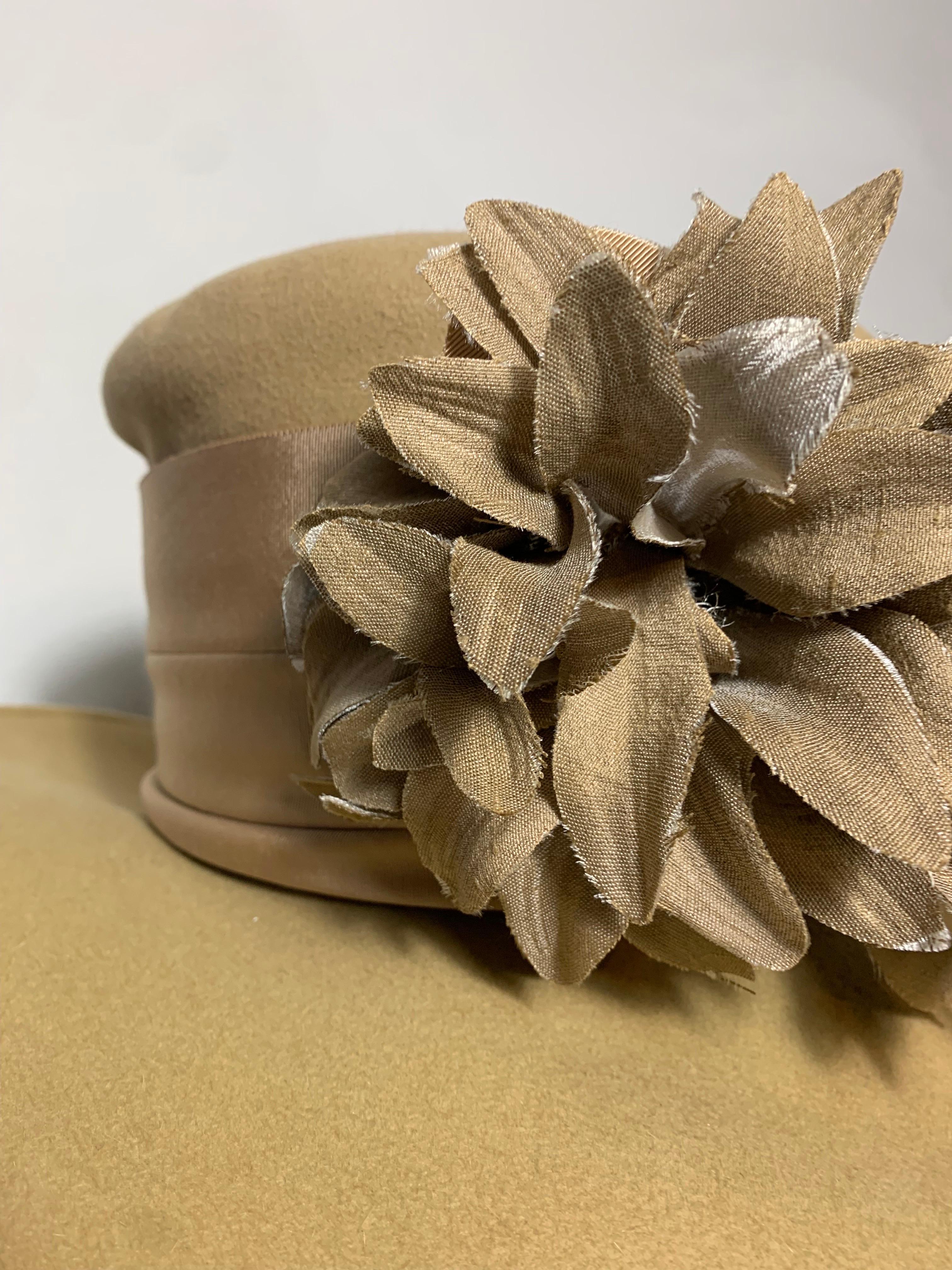 Maison Michel Fawn Wool Felt High Top Hat w Matching Flower & Wide Grosgrain For Sale 5