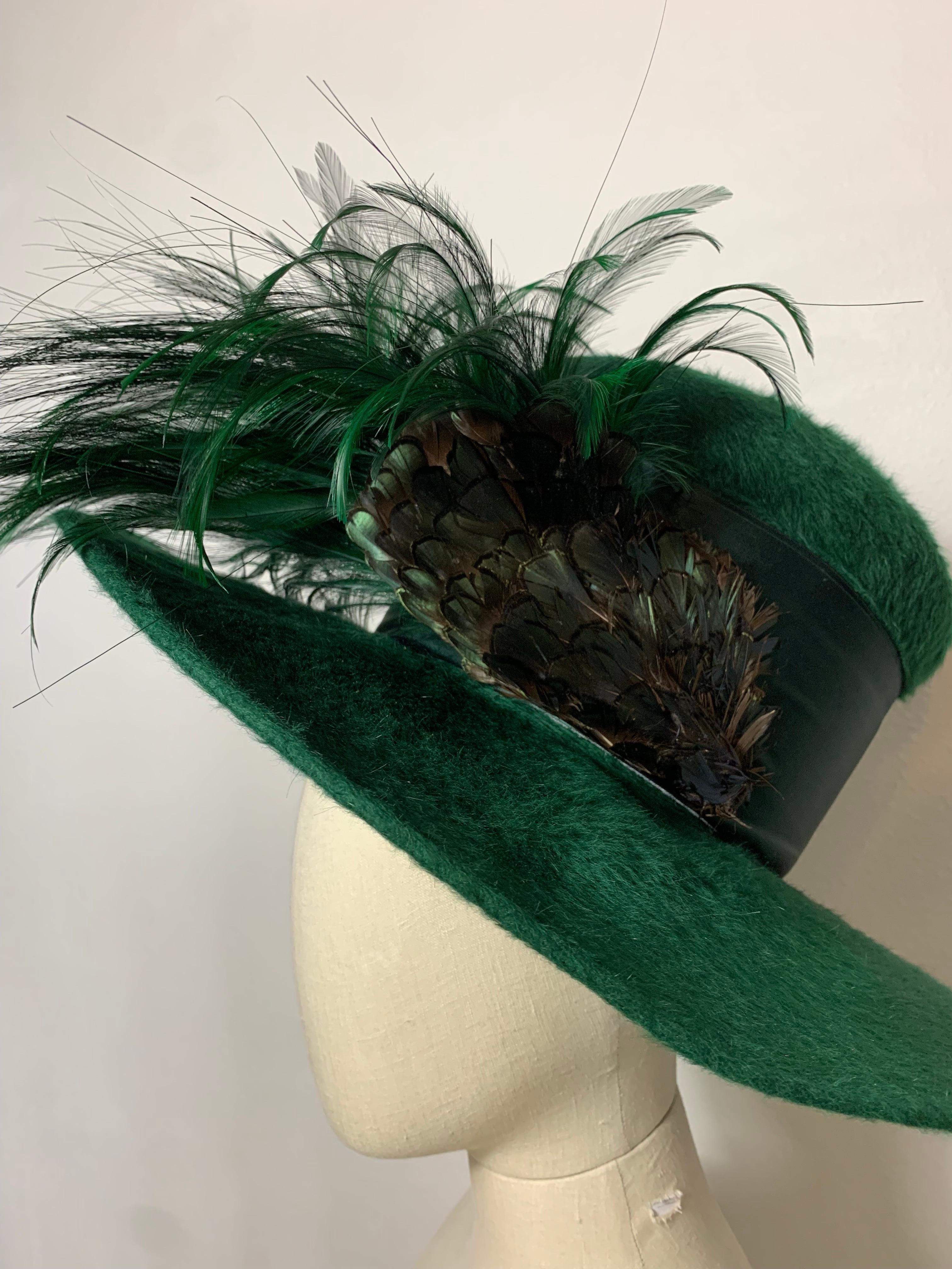 Maison Michel Forest Green Fur Felt Tall Top Hat w Feathers & Grosgrain Band For Sale 6