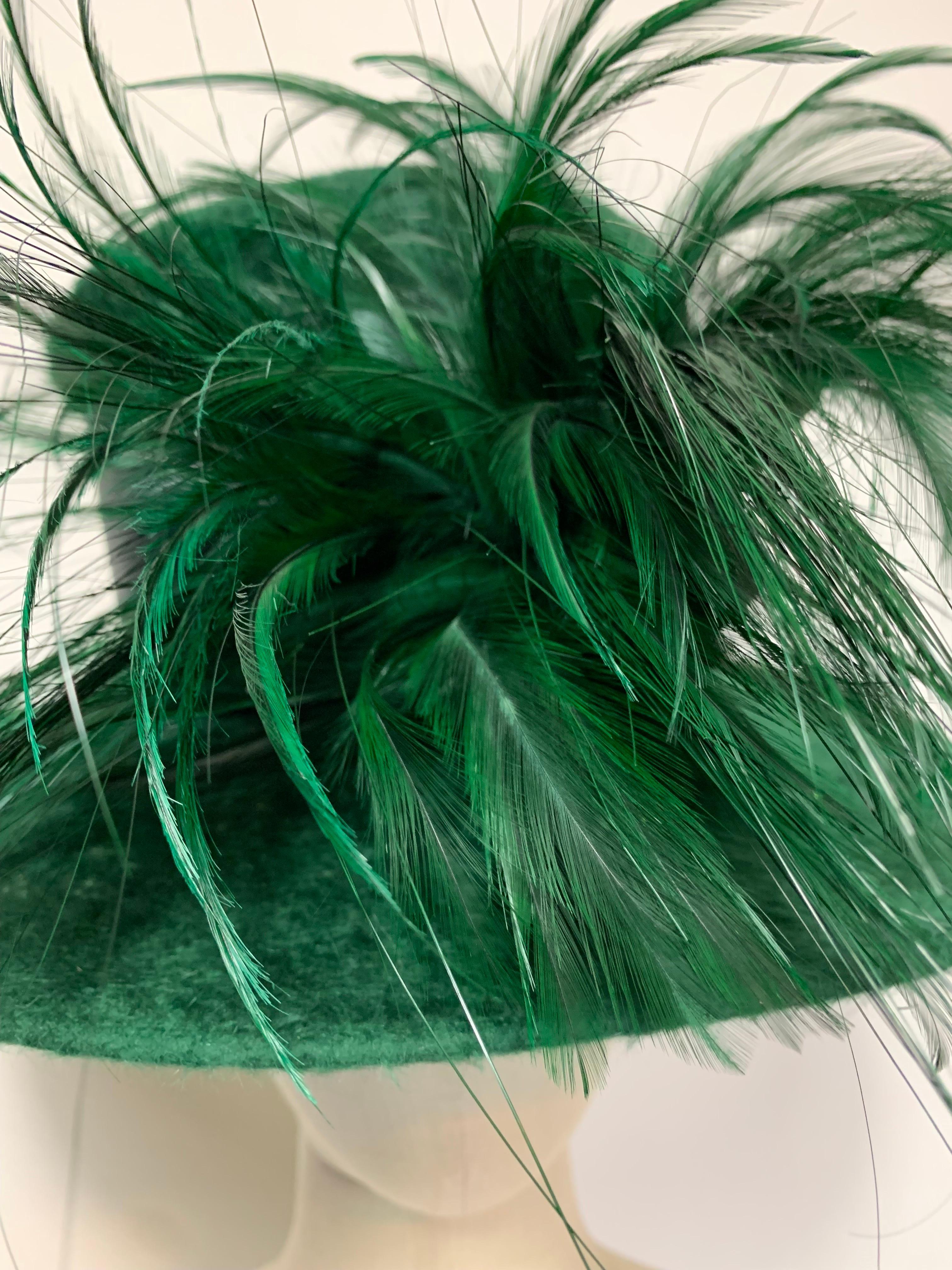 Maison Michel Forest Green Fur Felt Tall Top Hat w Feathers & Grosgrain Band In Excellent Condition For Sale In Gresham, OR