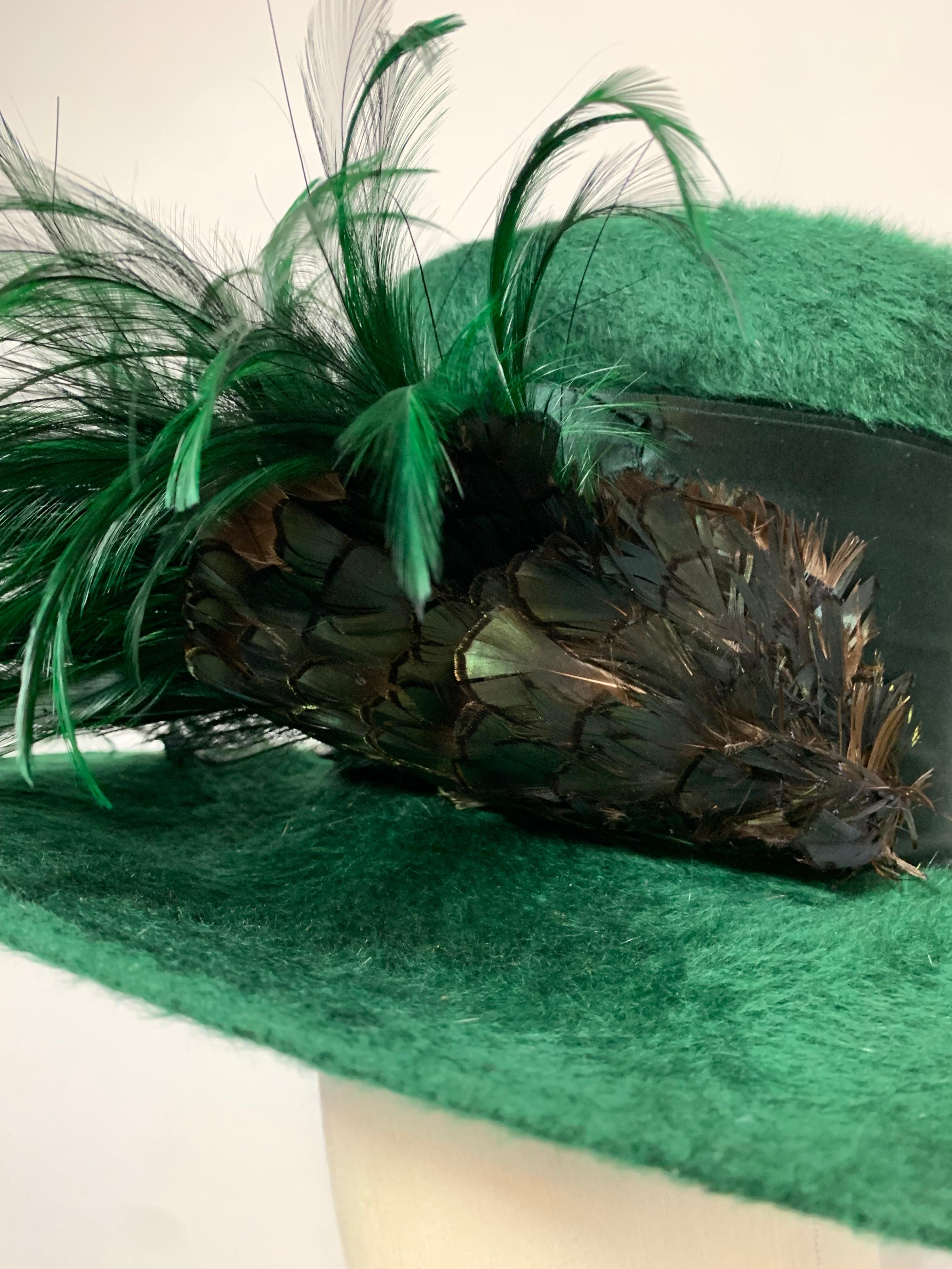 Women's or Men's Maison Michel Forest Green Fur Felt Tall Top Hat w Feathers & Grosgrain Band For Sale