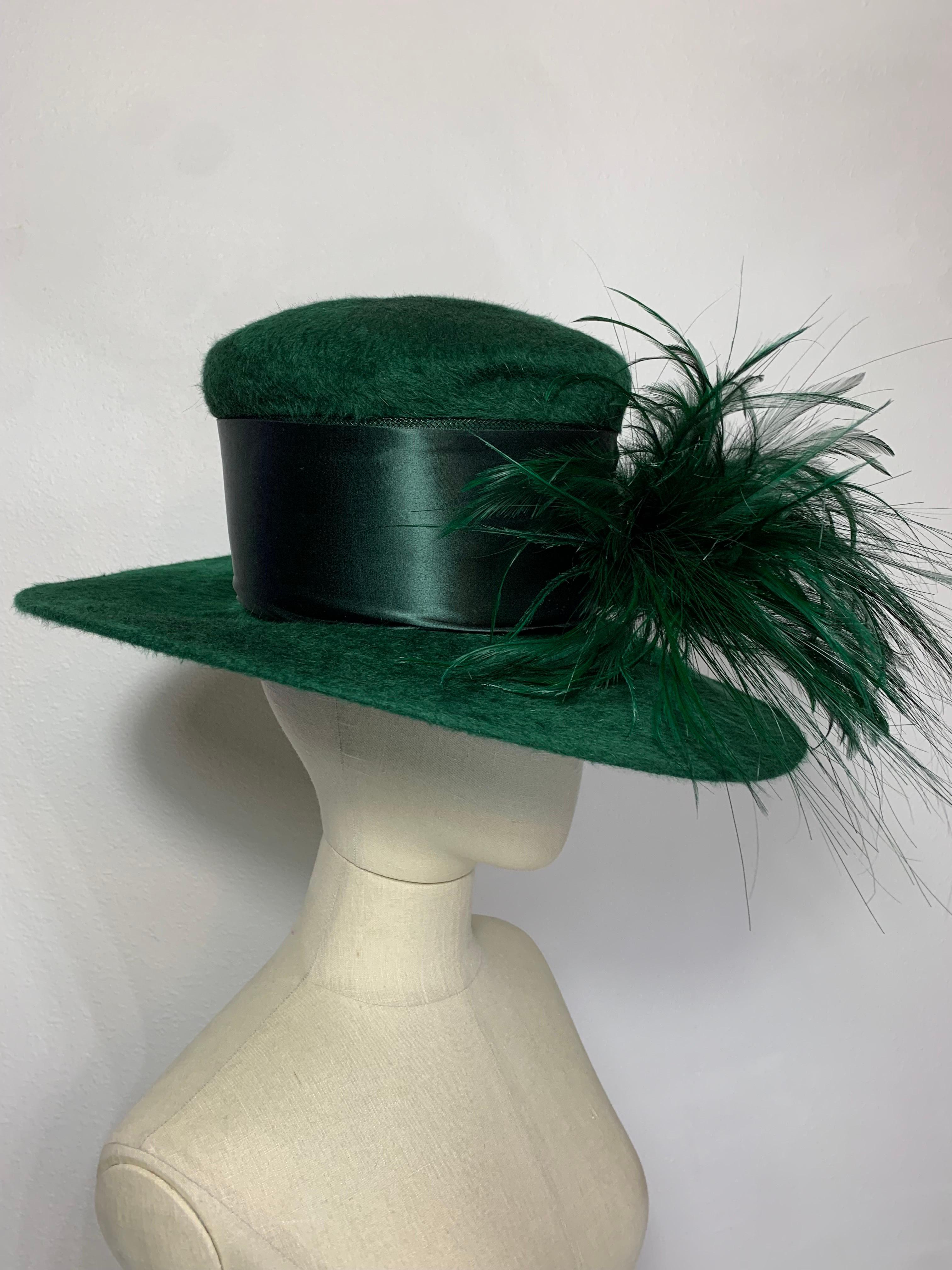 Maison Michel Forest Green Fur Felt Tall Top Hat w Feathers & Grosgrain Band For Sale 1