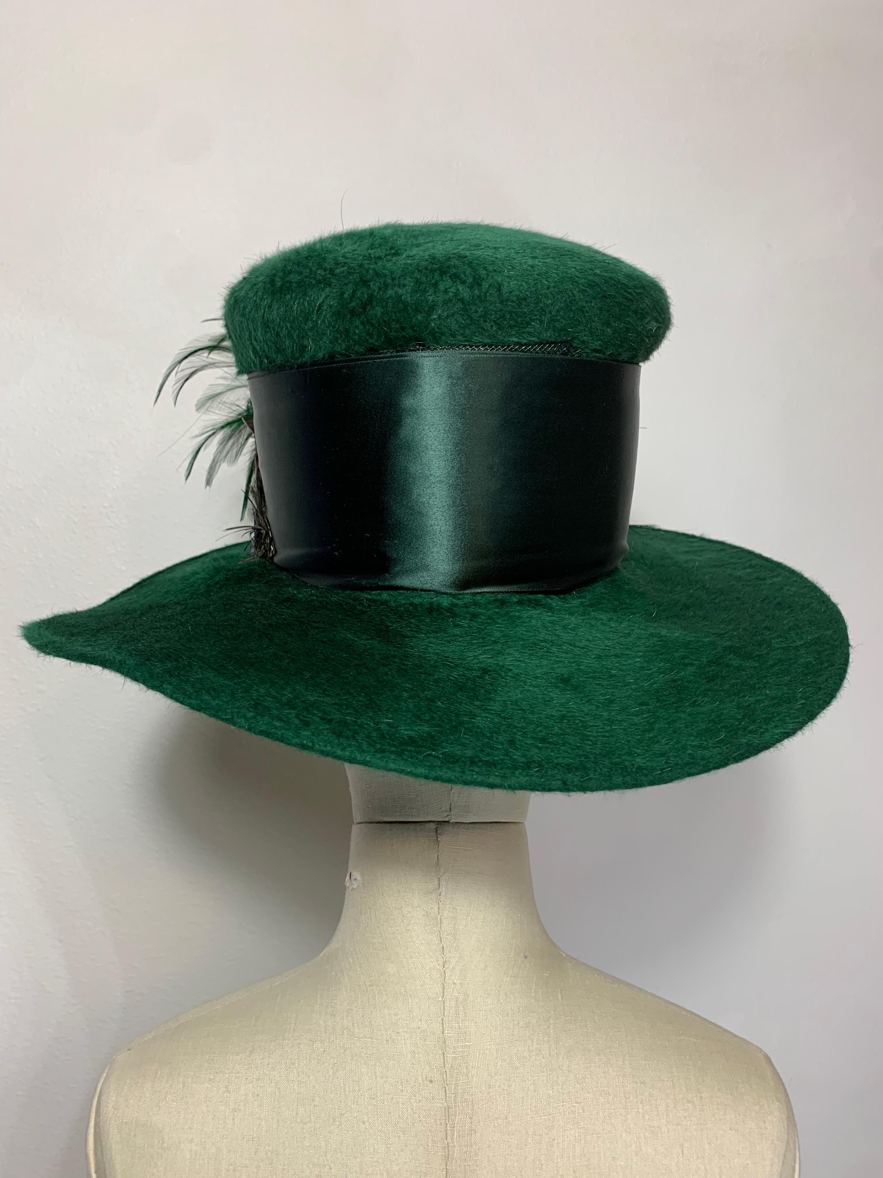 Maison Michel Forest Green Fur Felt Tall Top Hat w Feathers & Grosgrain Band For Sale 2