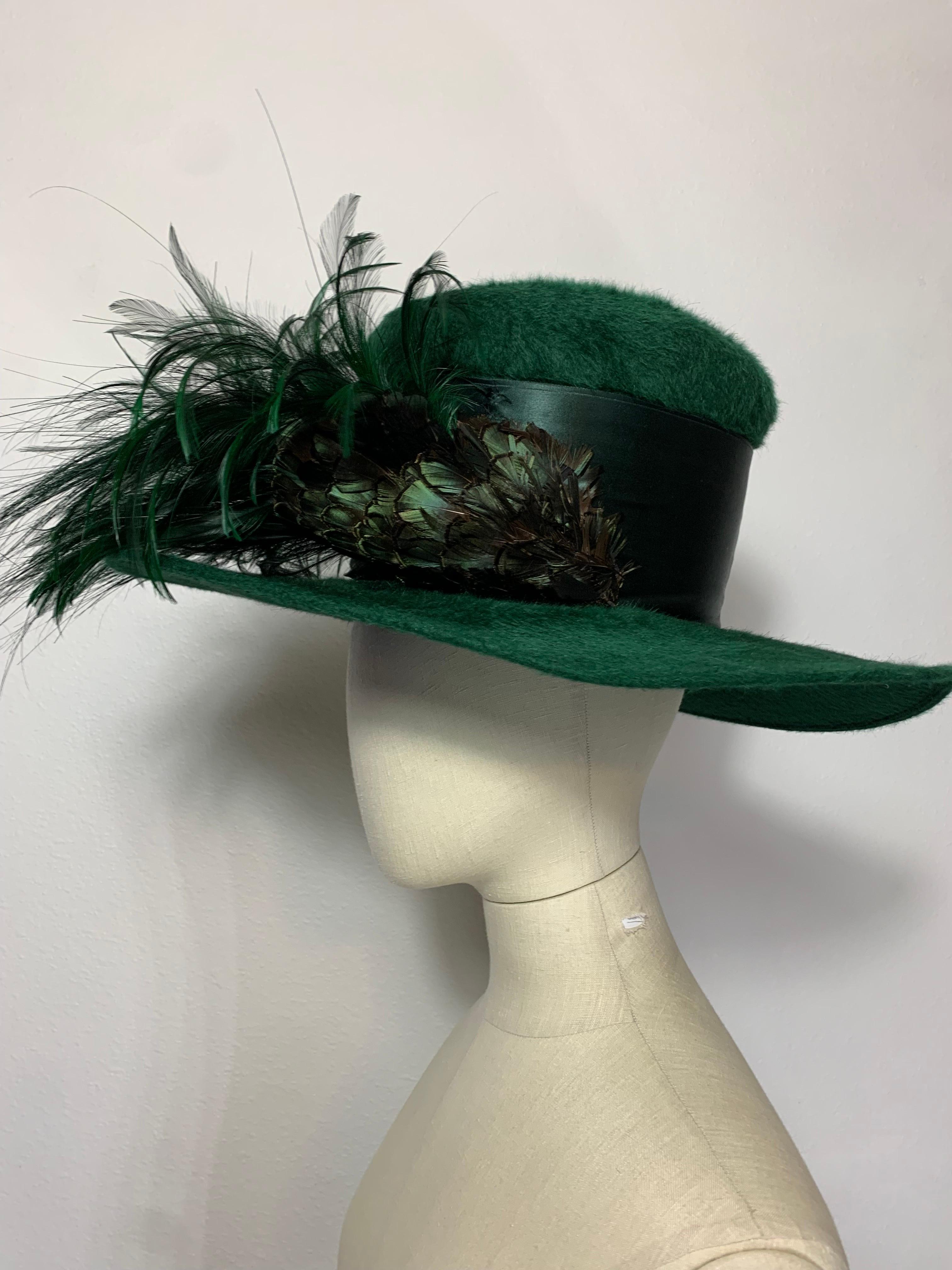 Maison Michel Forest Green Fur Felt Tall Top Hat w Feathers & Grosgrain Band For Sale 3