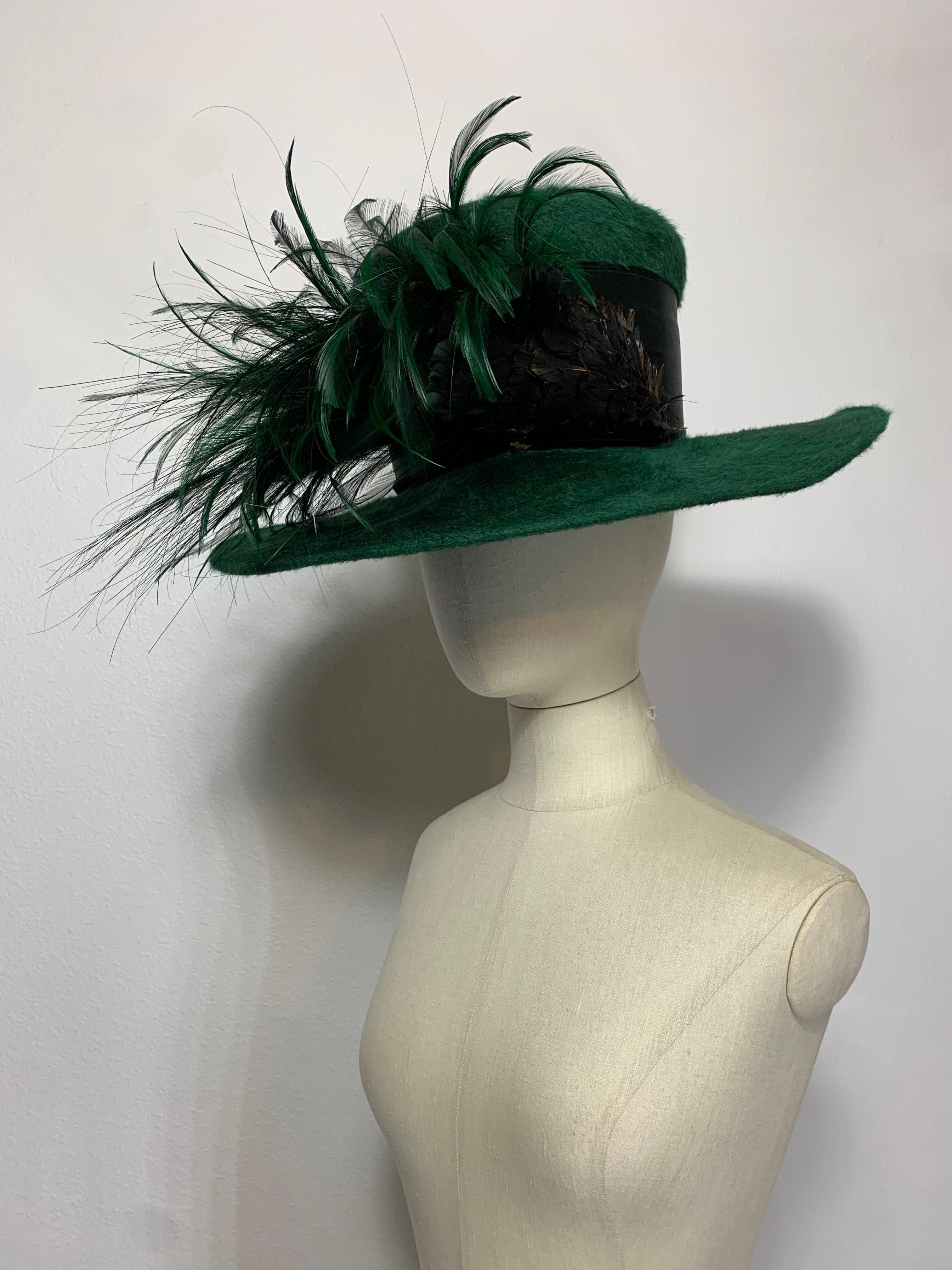 Maison Michel Forest Green Fur Felt Tall Top Hat w Feathers & Grosgrain Band For Sale 4