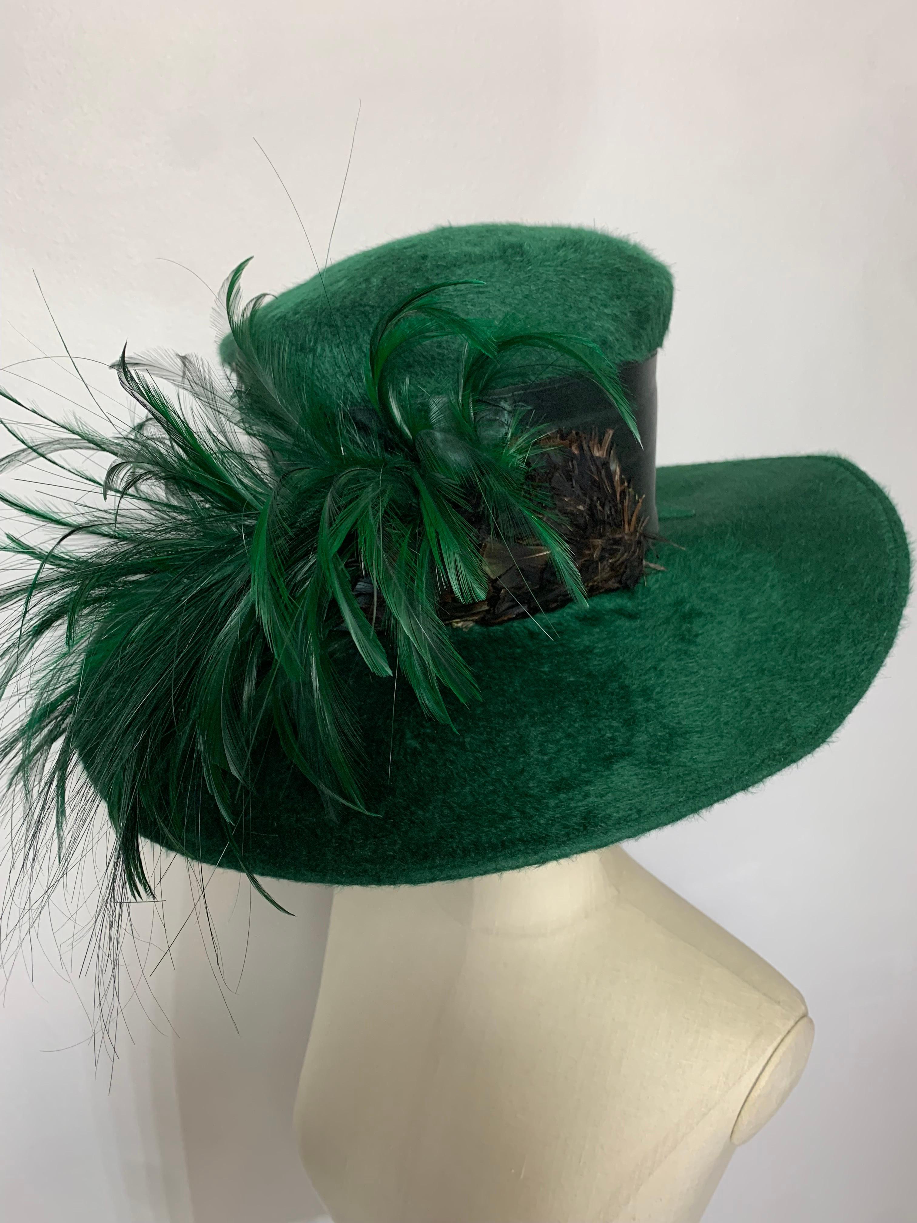 Maison Michel Forest Green Fur Felt Tall Top Hat w Feathers & Grosgrain Band For Sale 5