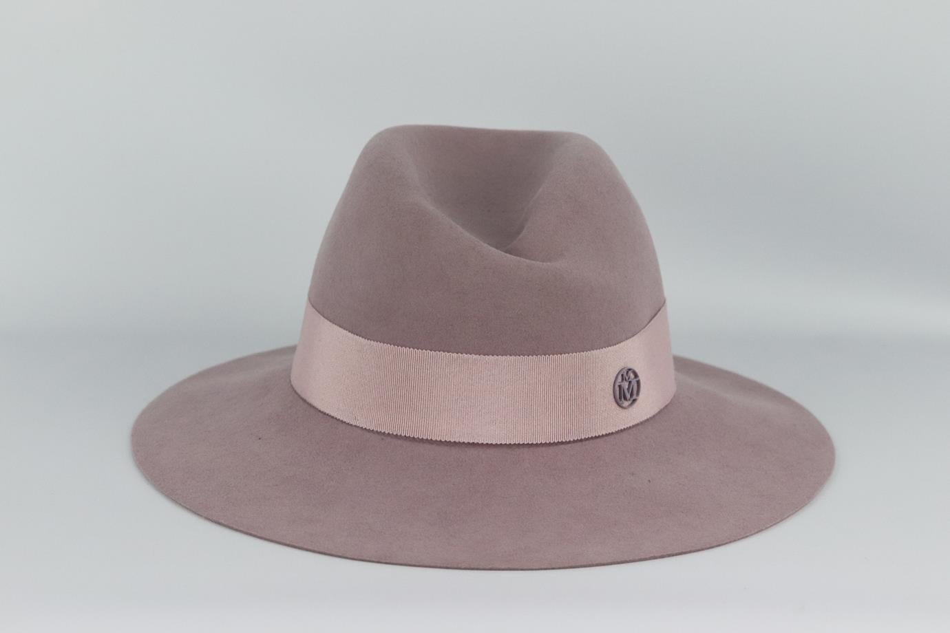 Maison Michel grosgrain trimmed wool felt fedora. Pink. Pull on. 100% Wool; trim: 56% cotton, 44% viscose. Does not come with dustbag or box. Size: Medium. Circumference: 23.6 in. Brim Width: 3.25 in. Very good condition - No sign of wear; see