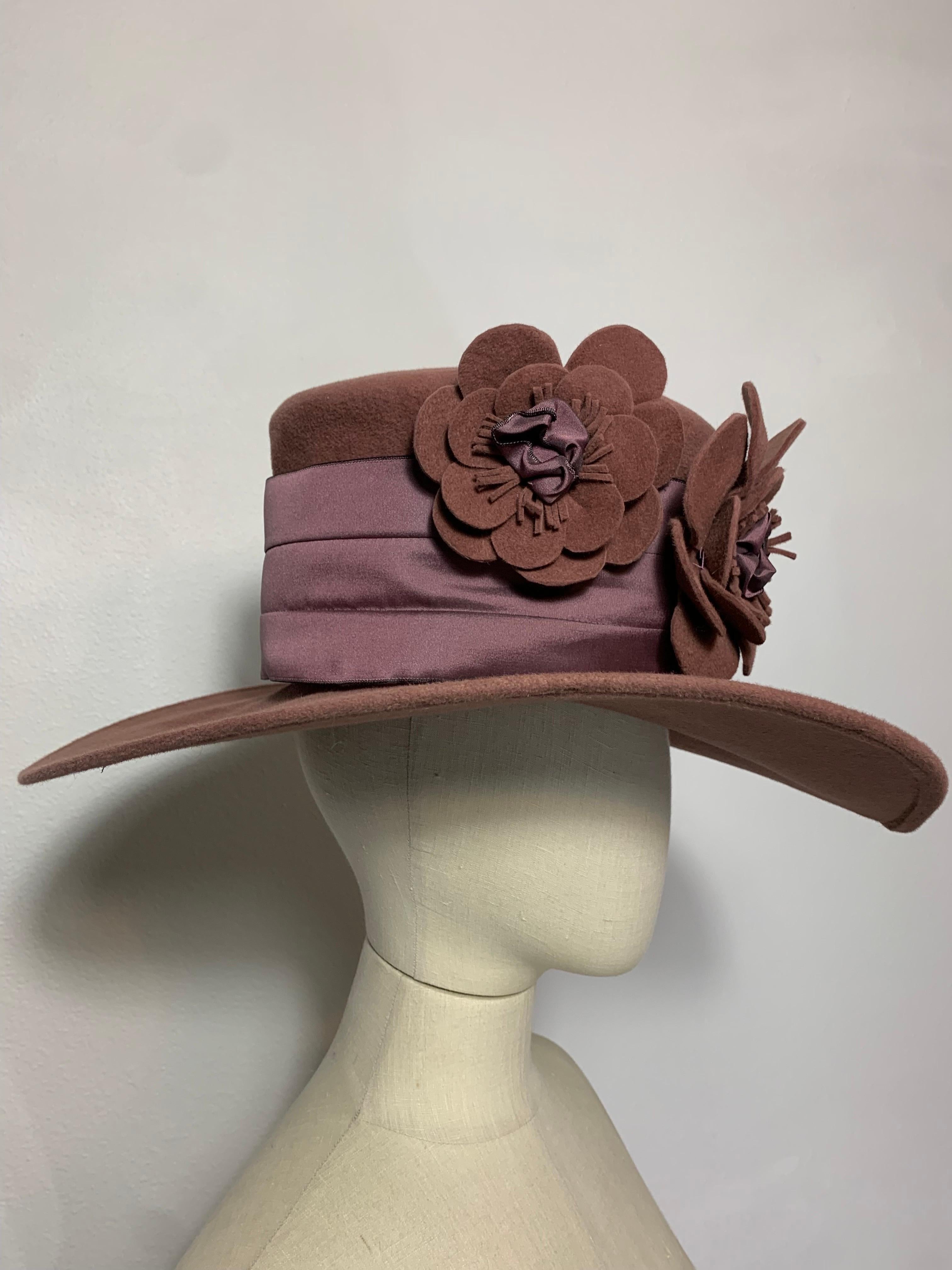 Women's or Men's Maison Michel Mauve Wool Felt High Top Hat w Matching Flowers & Ribbon Band For Sale