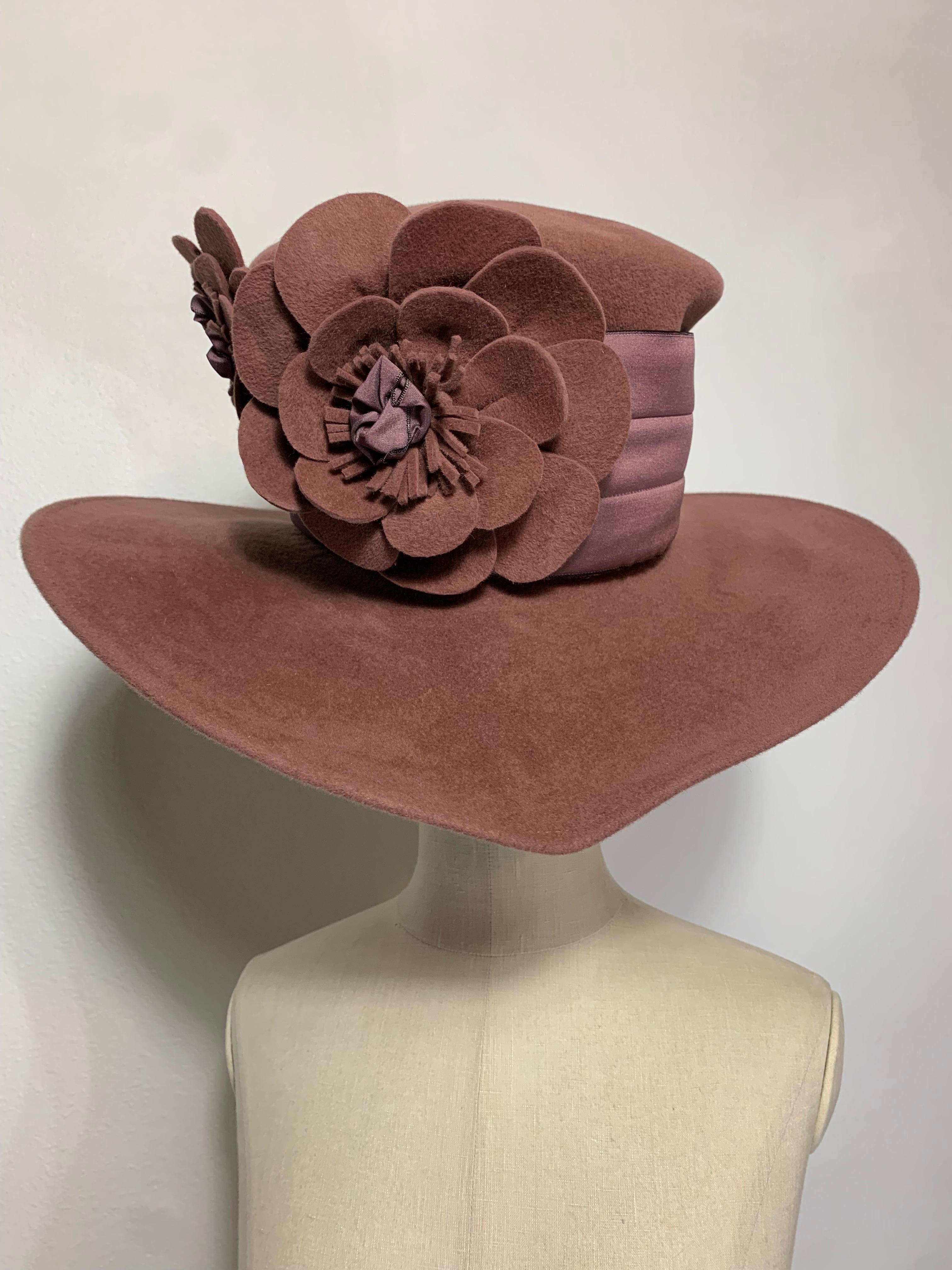 Maison Michel Mauve Wool Felt High Top Hat w Matching Flowers & Ribbon Band For Sale 4
