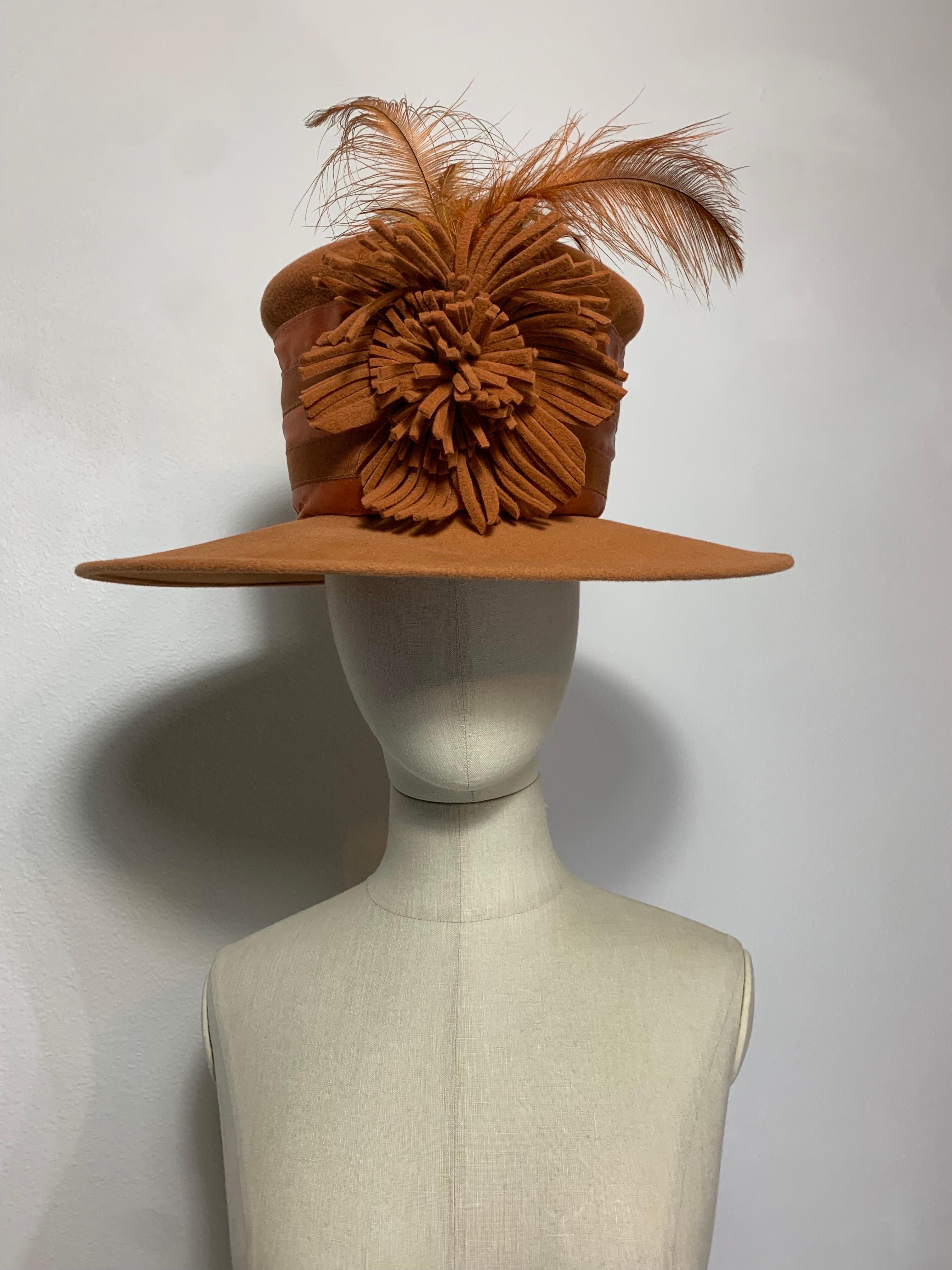 Maison Michel Medium Brim Copper Felt Hat with Feather Flower & Grosgrain Band For Sale 6