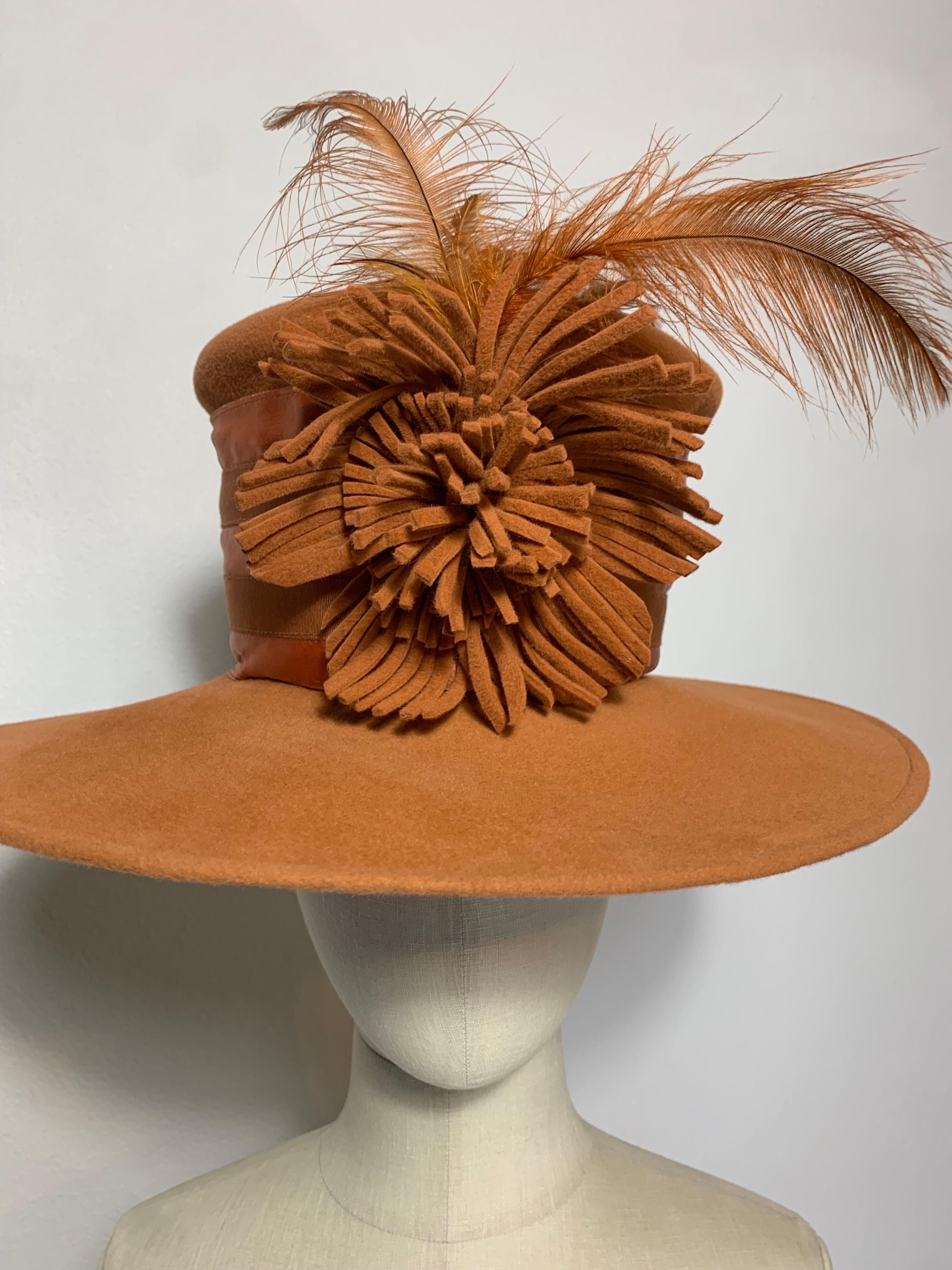 Maison Michel Medium Brim Copper Felt Hat with Feather Flower & Grosgrain Band For Sale 7