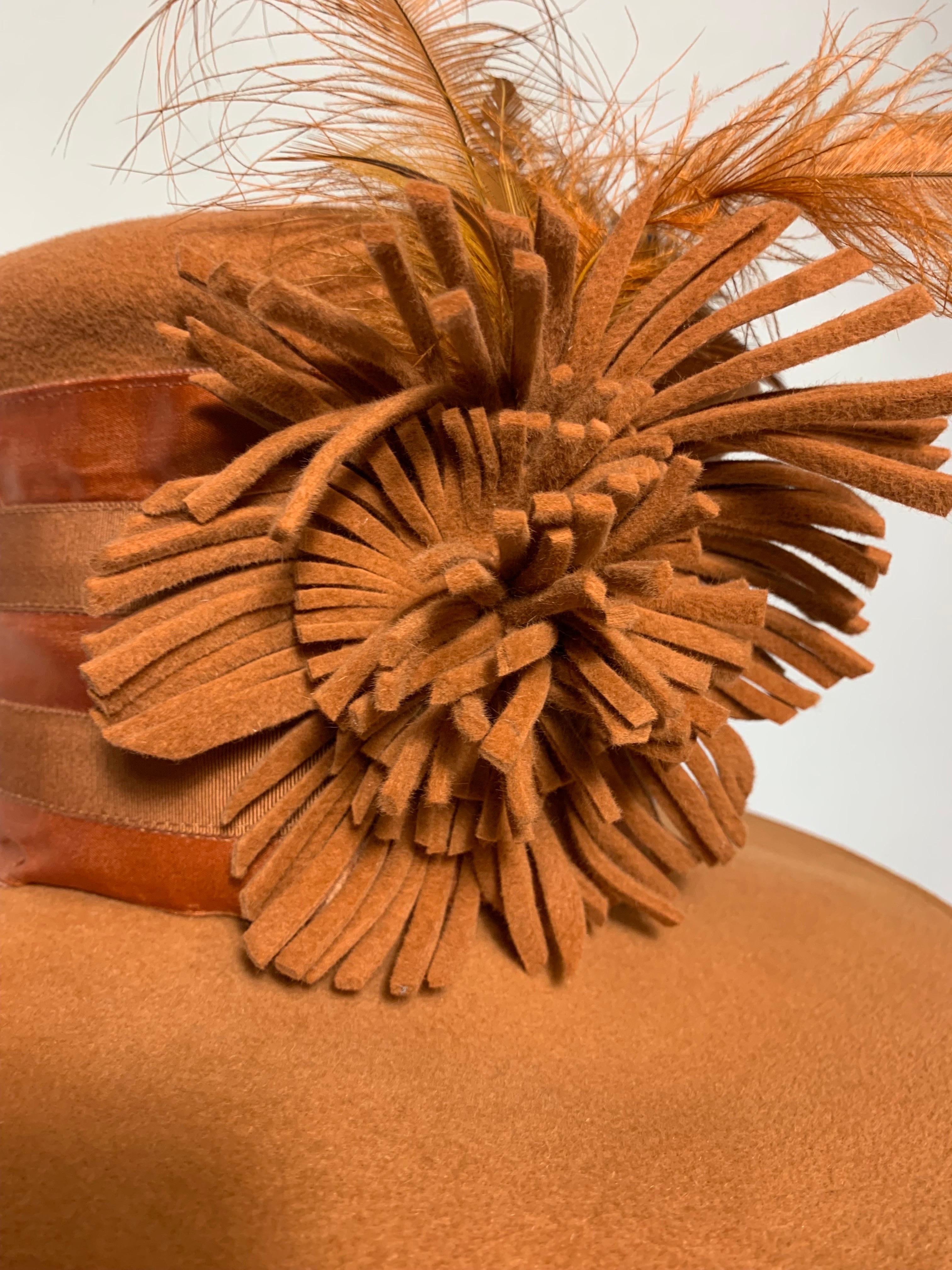 Maison Michel Medium Brim Copper Felt Hat with Feather Flower & Grosgrain Band In Excellent Condition For Sale In Gresham, OR