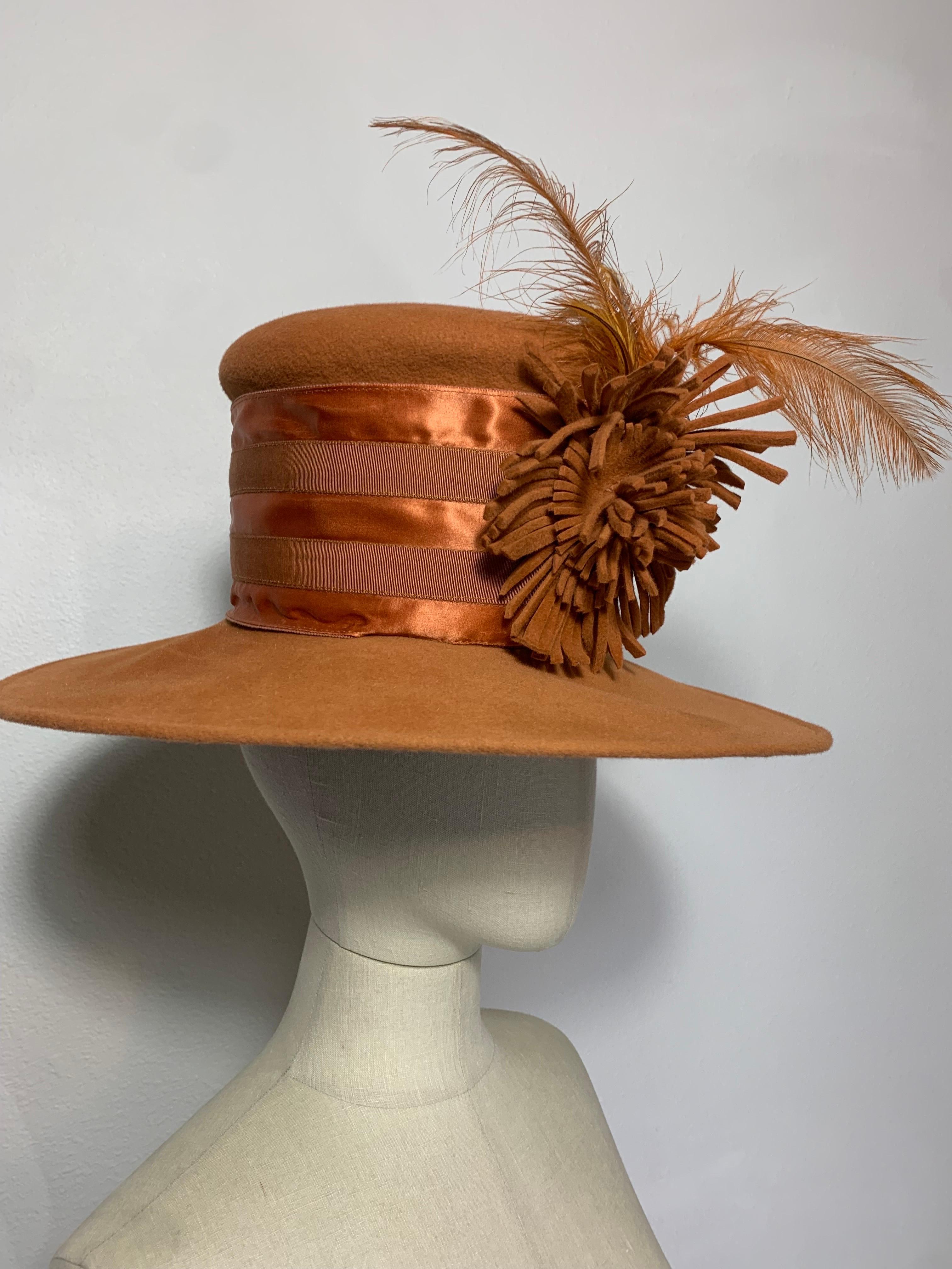 Women's or Men's Maison Michel Medium Brim Copper Felt Hat with Feather Flower & Grosgrain Band For Sale