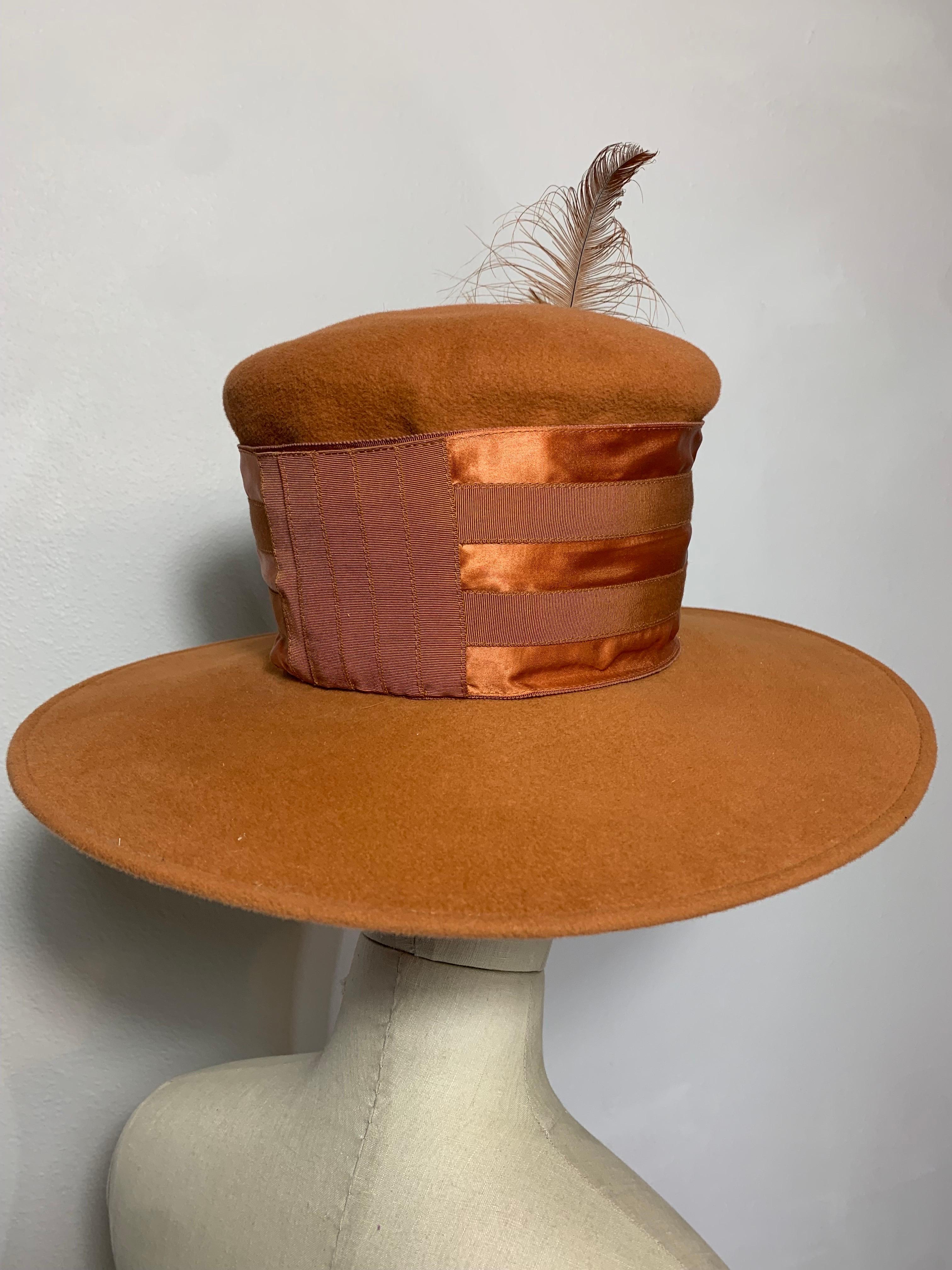 Maison Michel Medium Brim Copper Felt Hat with Feather Flower & Grosgrain Band For Sale 2
