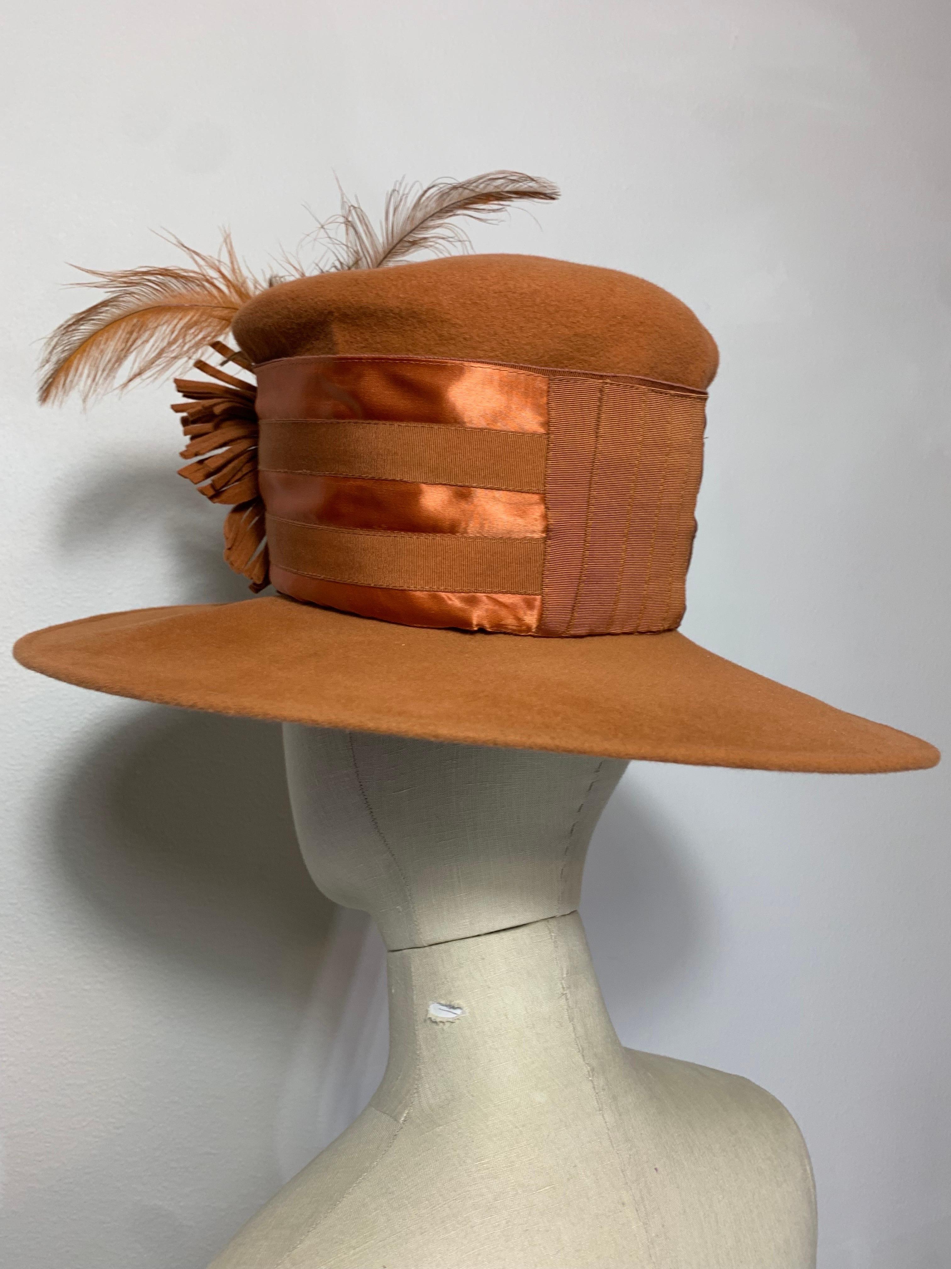Maison Michel Medium Brim Copper Felt Hat with Feather Flower & Grosgrain Band For Sale 3