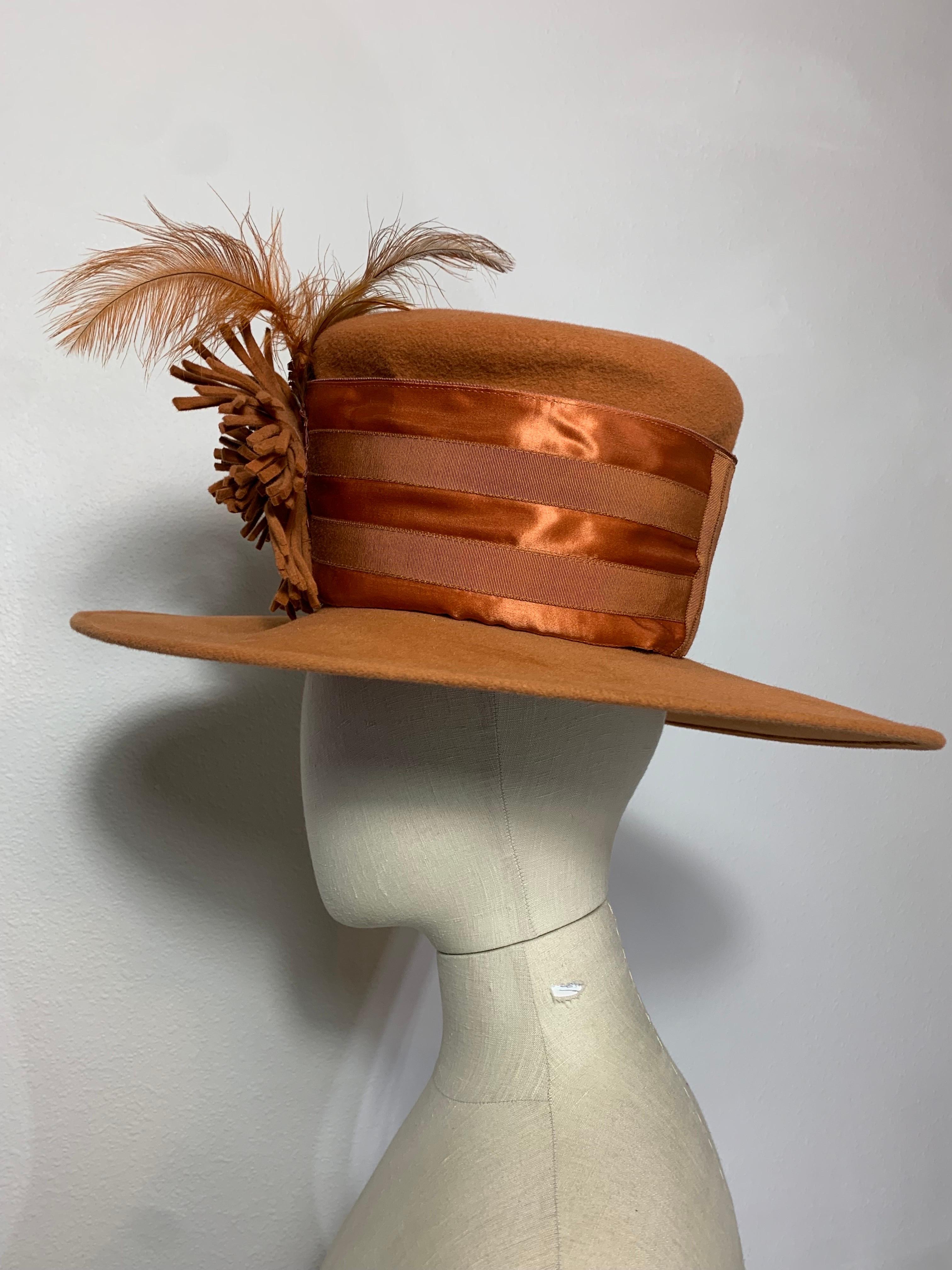 Maison Michel Medium Brim Copper Felt Hat with Feather Flower & Grosgrain Band For Sale 4