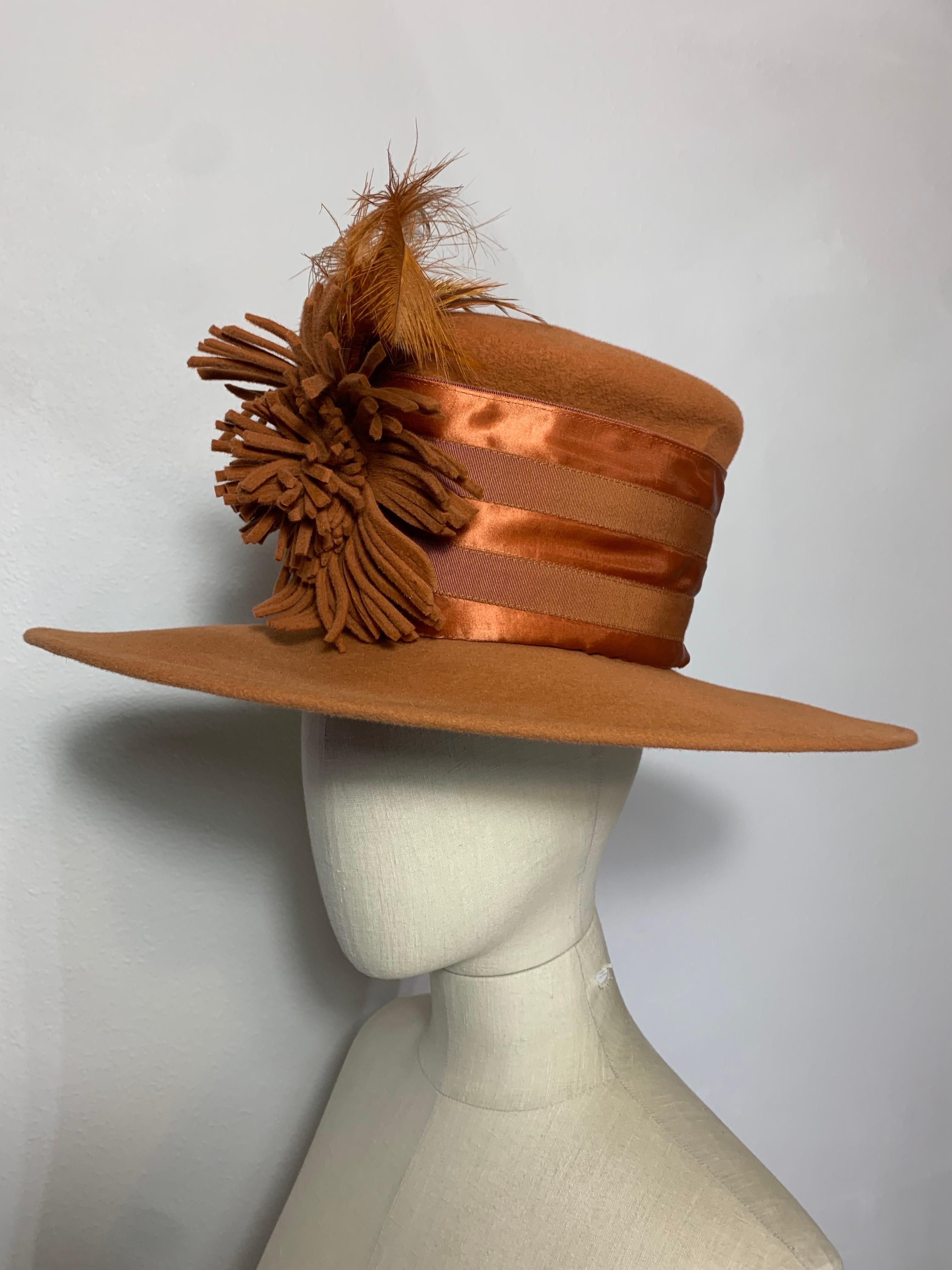 Maison Michel Medium Brim Copper Felt Hat with Feather Flower & Grosgrain Band For Sale 5