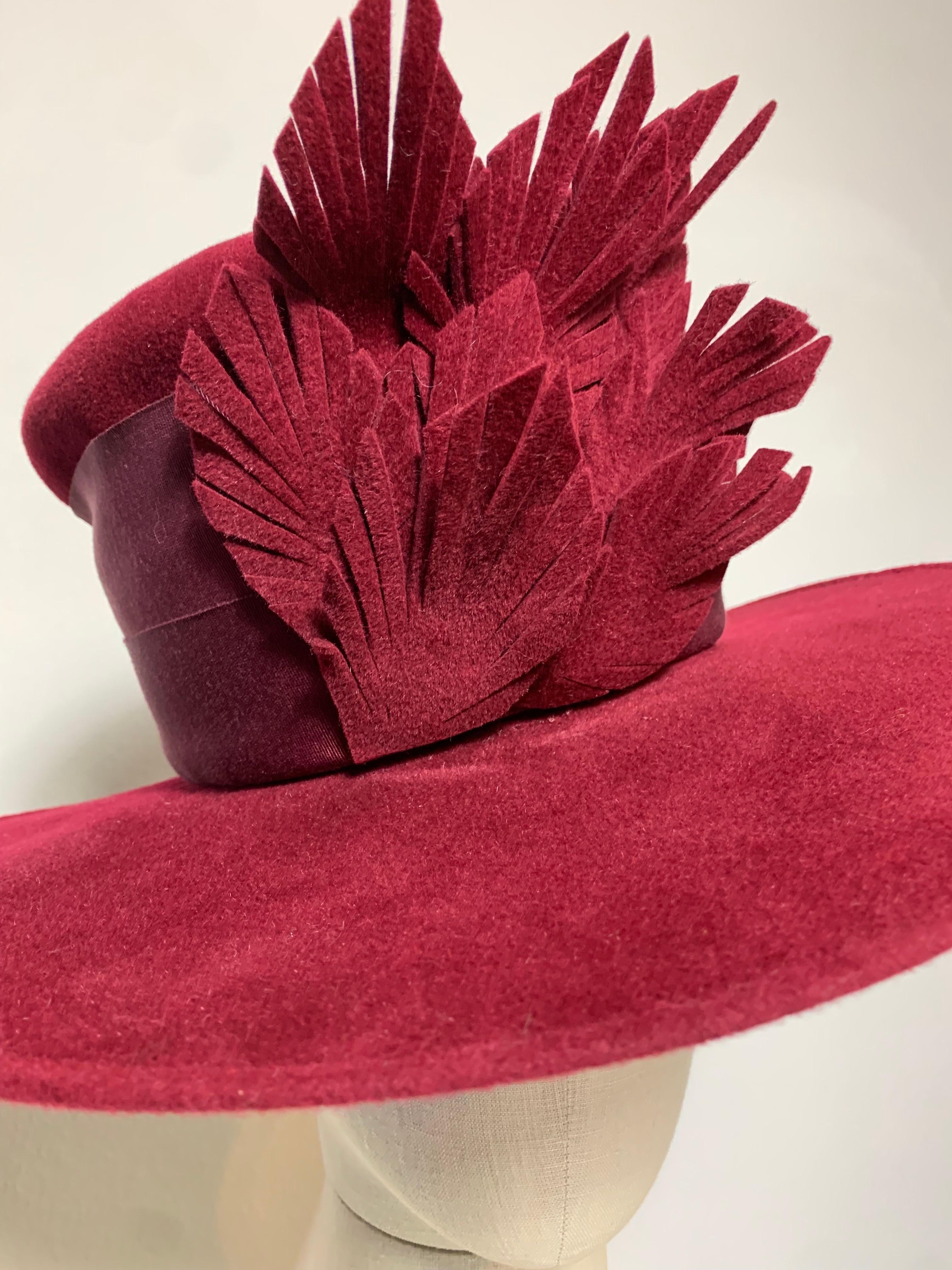 Maison Michel Medium Brim Maroon Felt High Top Hat w Leaves & Grosgrain Band In Excellent Condition For Sale In Gresham, OR