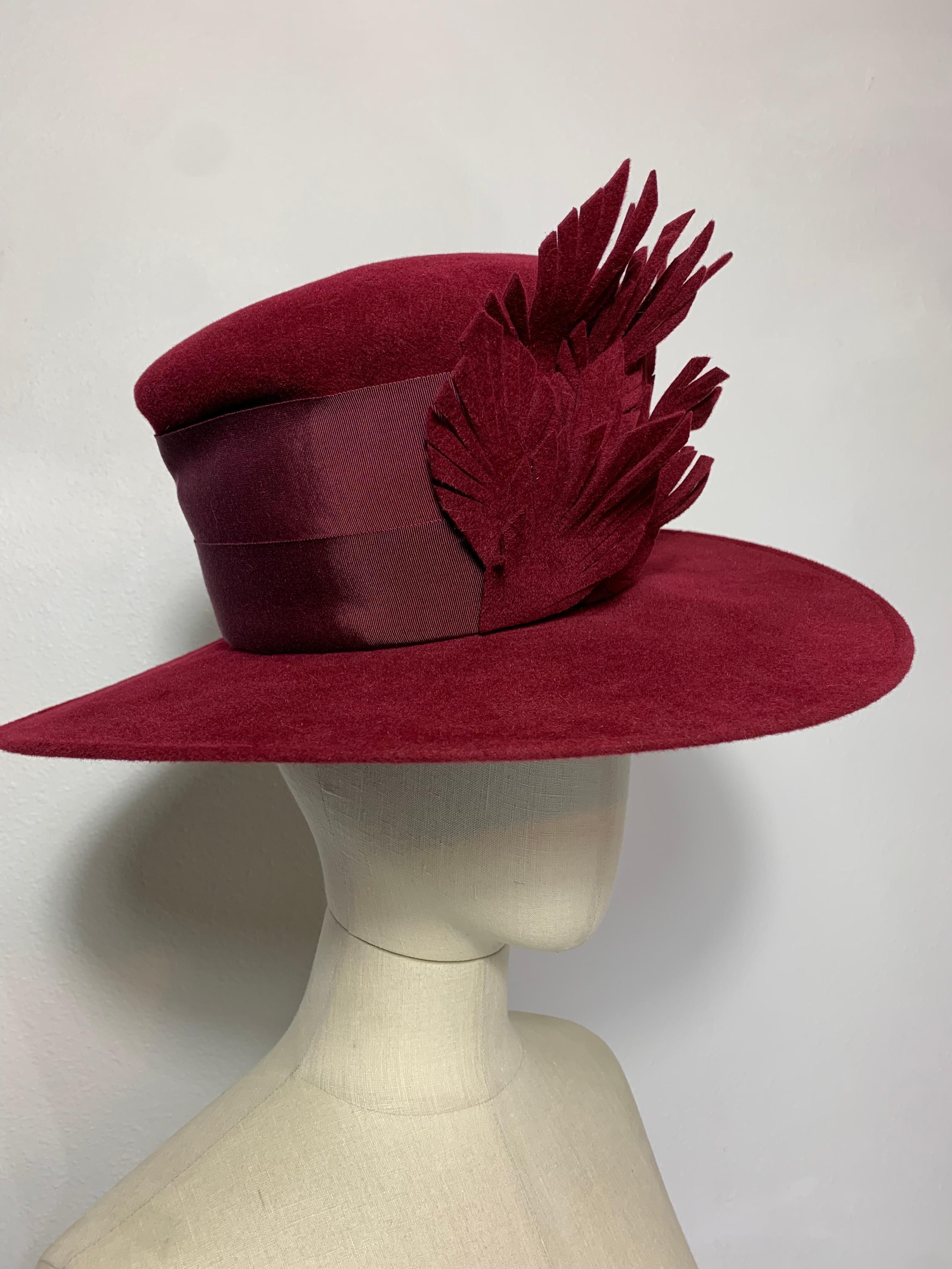 Women's or Men's Maison Michel Medium Brim Maroon Felt High Top Hat w Leaves & Grosgrain Band For Sale