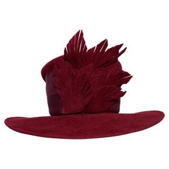 Maison Michel Medium Brim Maroon Felt High Top Hat w Leaves & Grosgrain Band