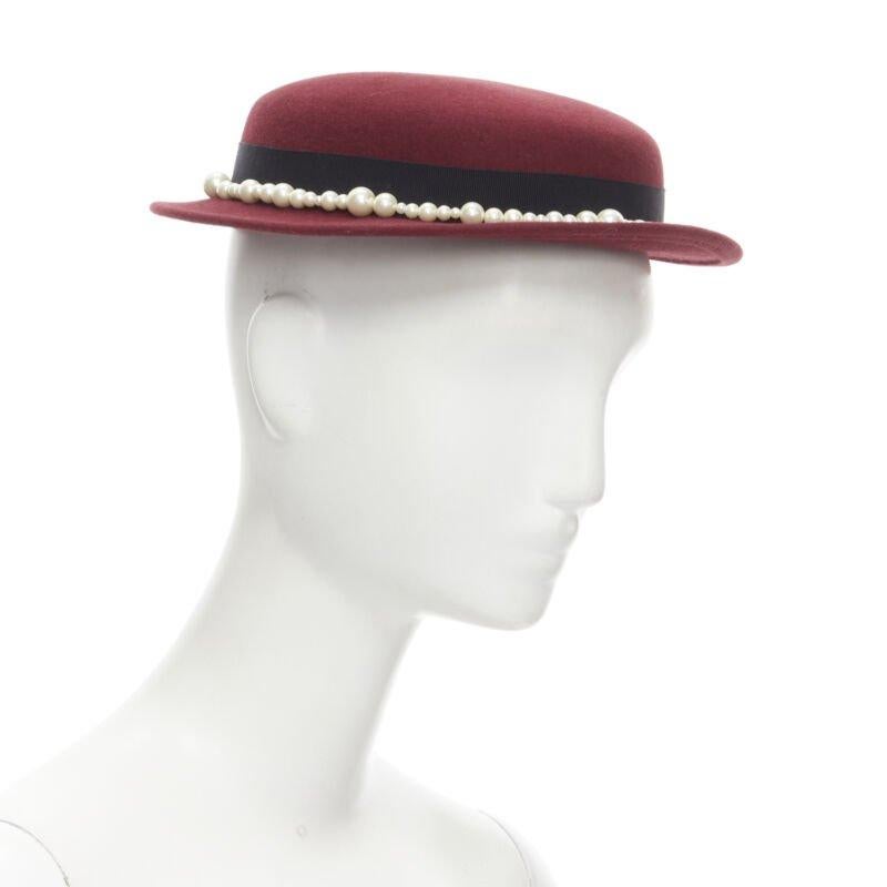 Red MAISON MICHEL Melanie Pearles burgundy red wool felt topper fedora hat 54cm For Sale
