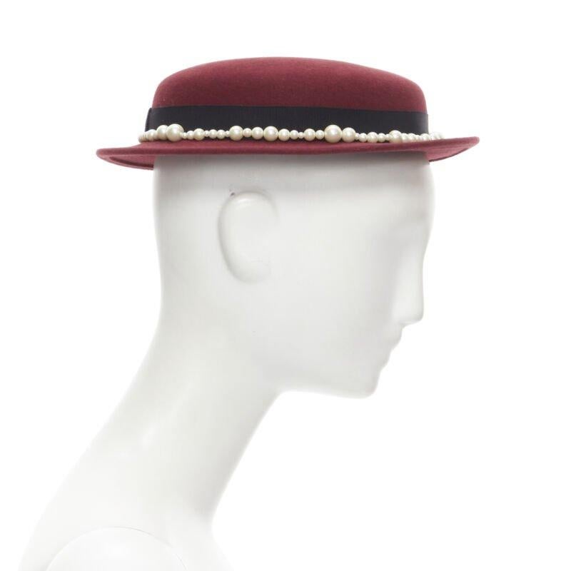 MAISON MICHEL Melanie Pearles burgundy red wool felt topper fedora hat 54cm In Excellent Condition For Sale In Hong Kong, NT