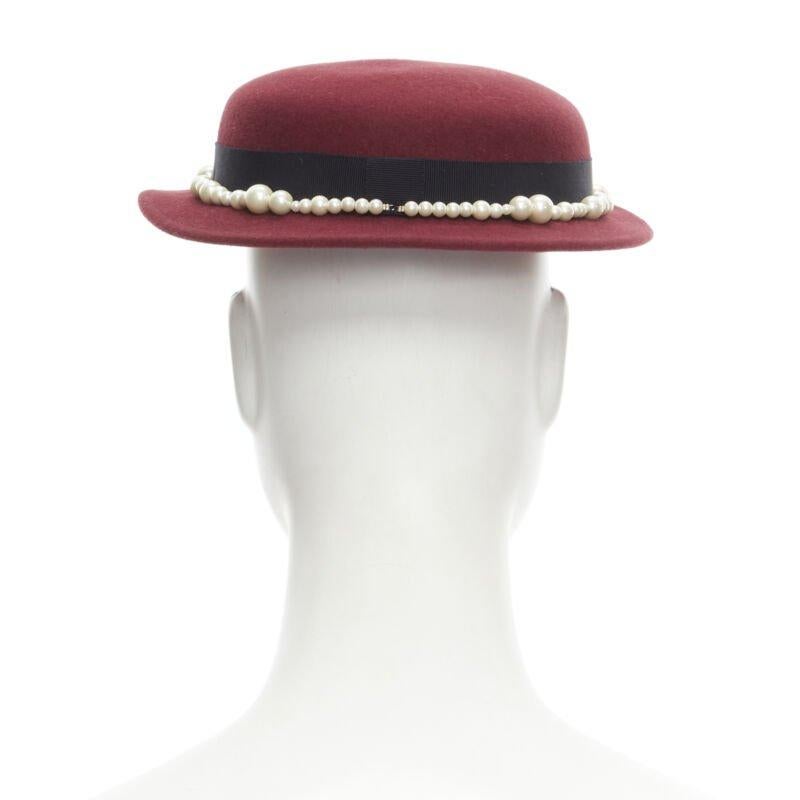 Women's MAISON MICHEL Melanie Pearles burgundy red wool felt topper fedora hat 54cm For Sale