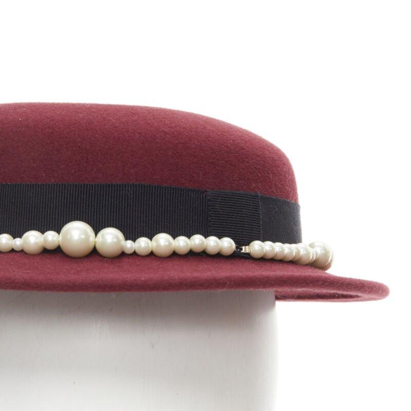 MAISON MICHEL Melanie Pearles burgundy red wool felt topper fedora hat 54cm For Sale 1