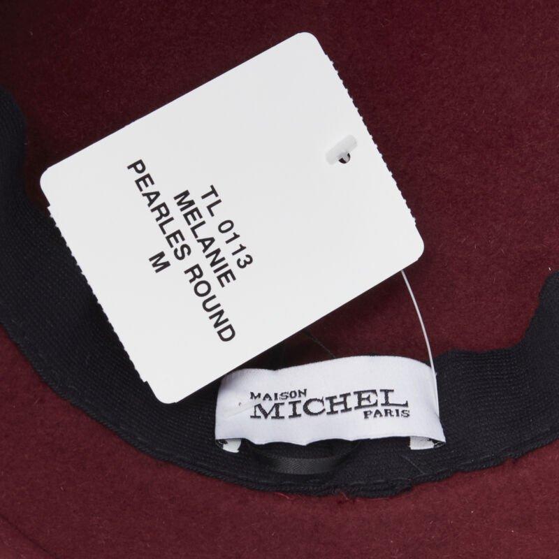 MAISON MICHEL Melanie Pearles burgundy red wool felt topper fedora hat 54cm For Sale 3