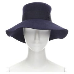 MAISON MICHEL navy blue black grosgrain M logo detail fedora hat S 56cm